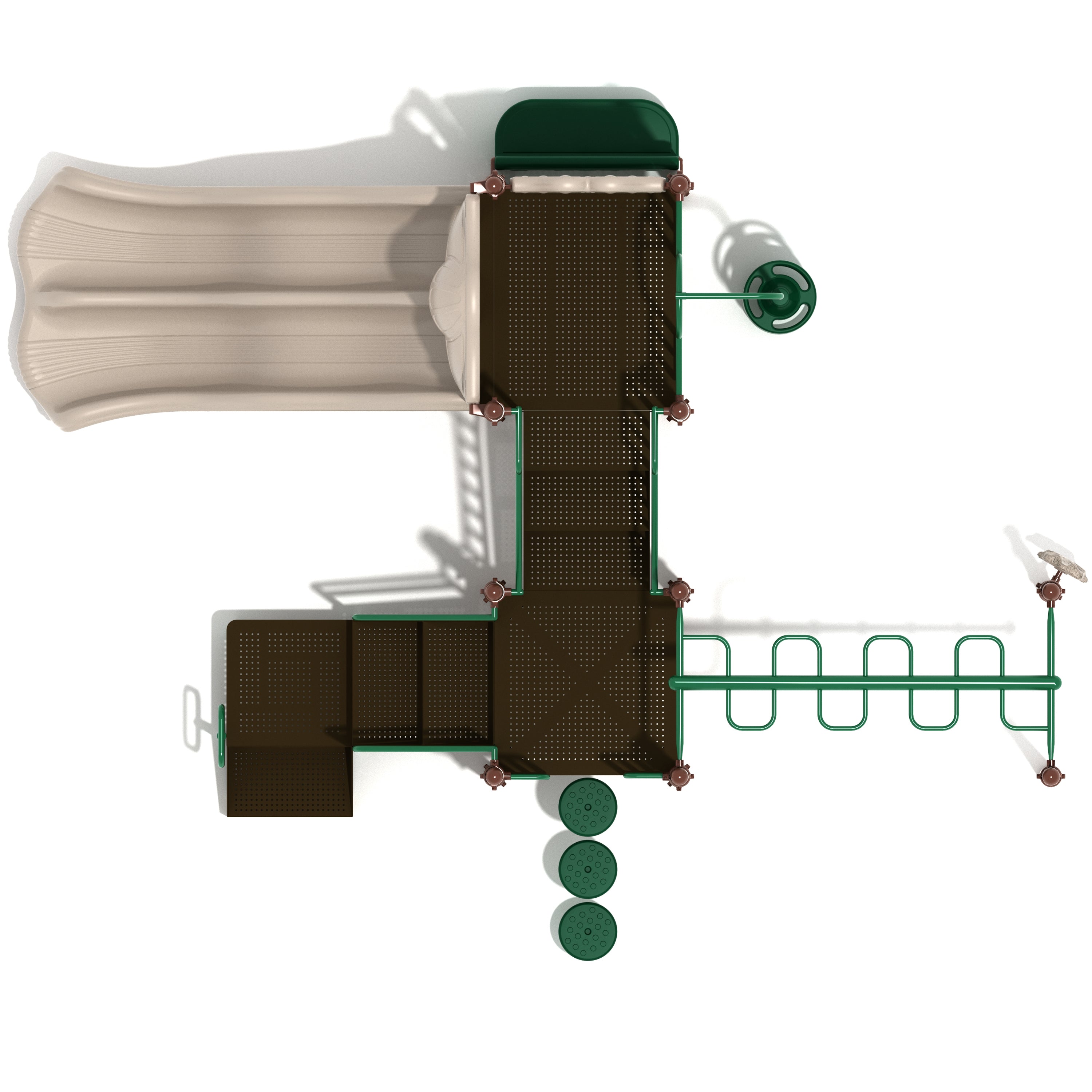 Playground structure with slide, platform, and climbing area on a white background
