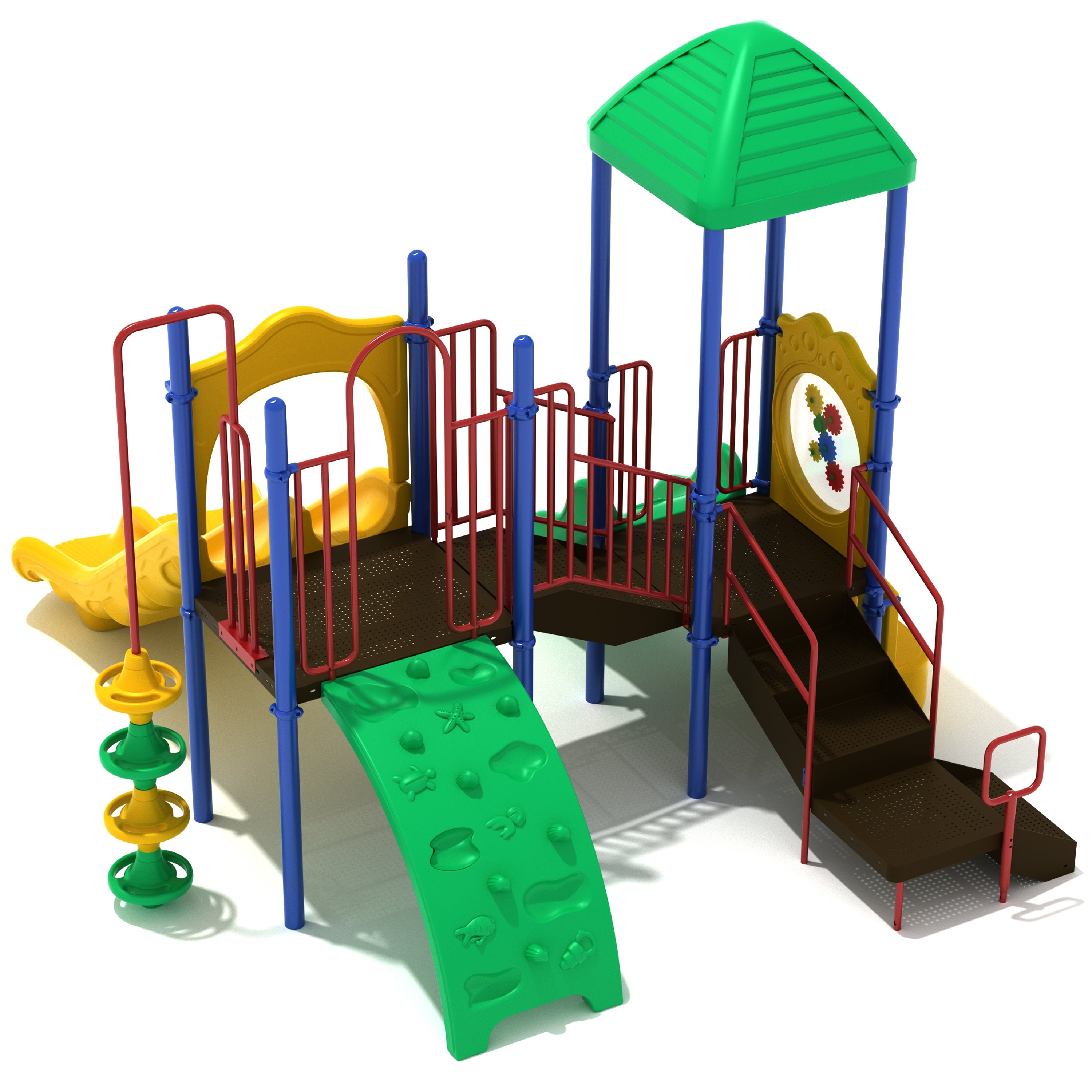 Colorful playground structure with slides and climbing elements on a white background