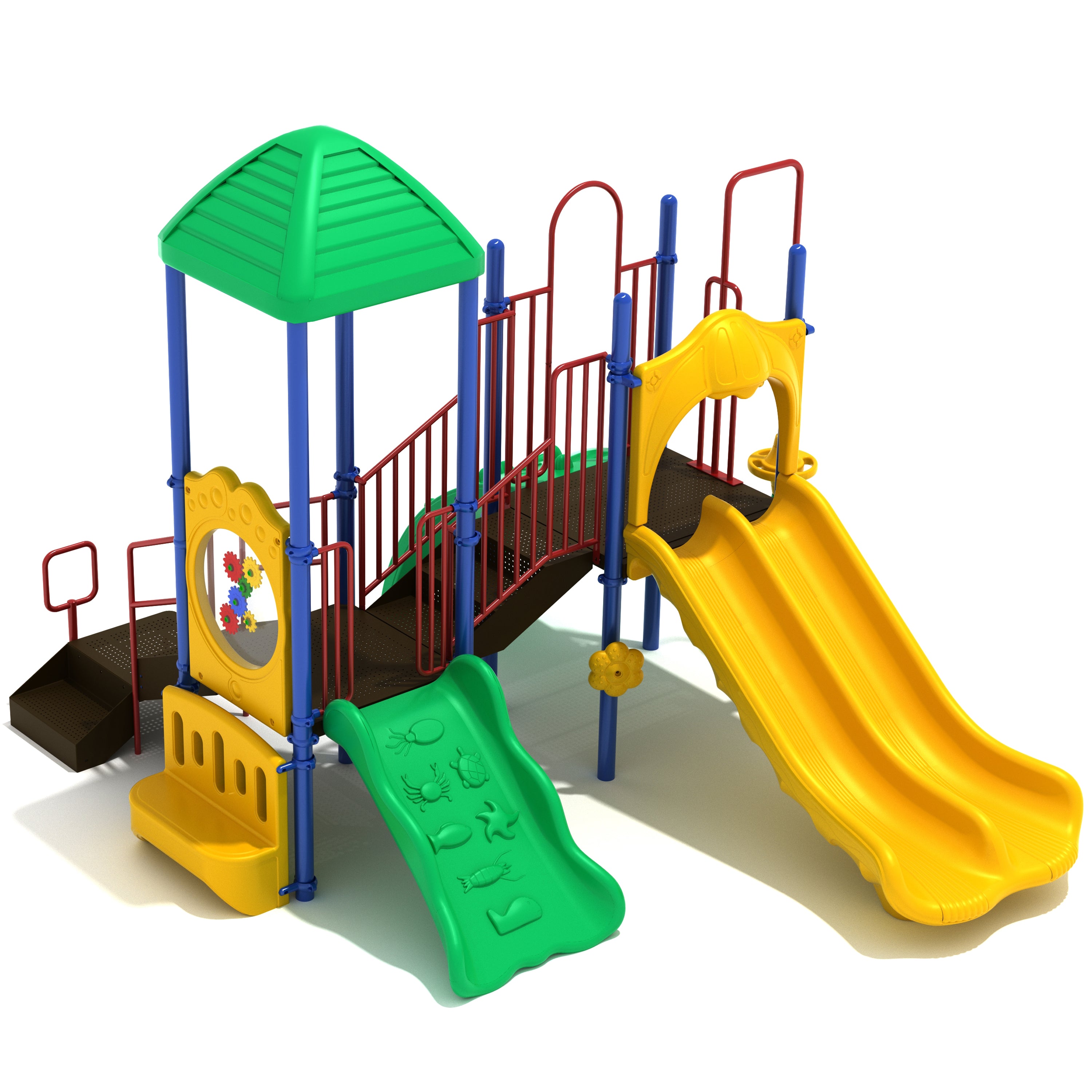 Colorful playground structure with slides and climbing elements on a white background