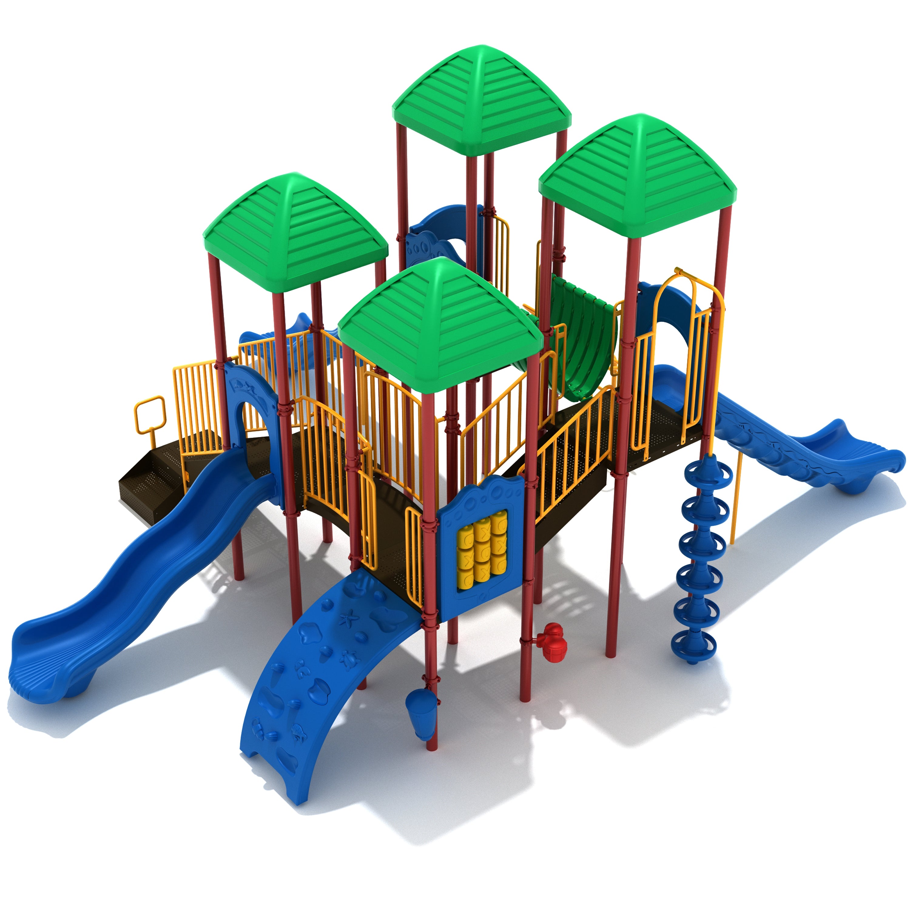 Colorful playground structure with slides and climbing elements on a white background