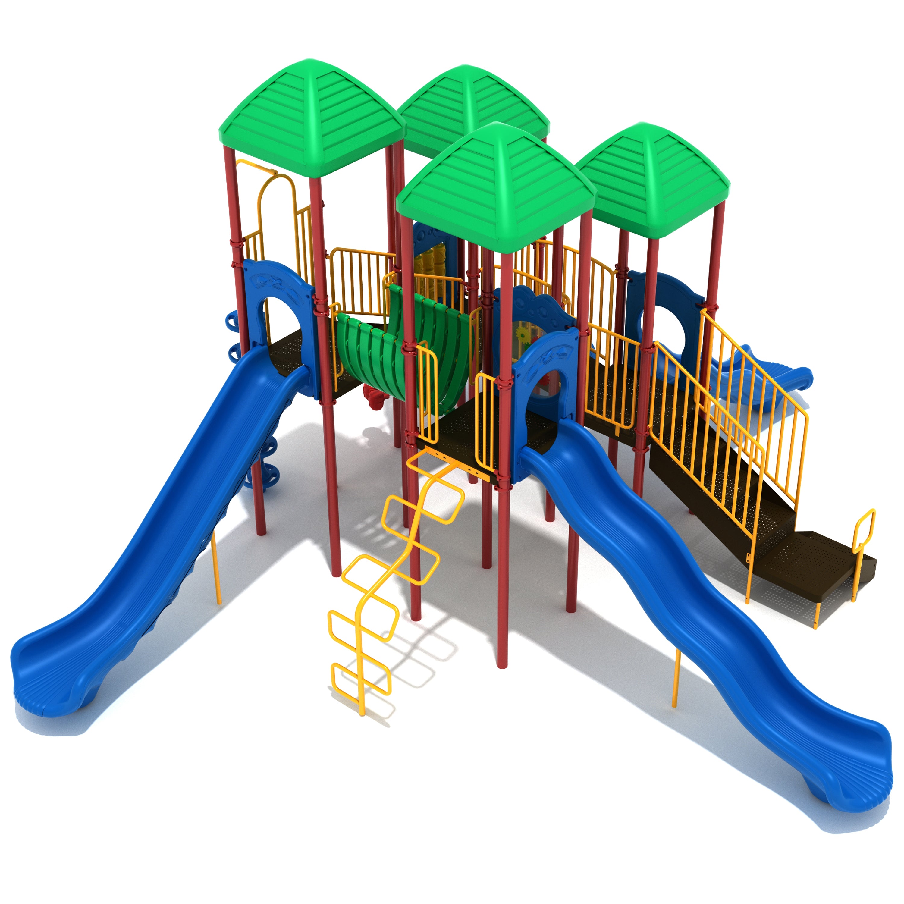 Colorful playground structure with slides and climbing elements on a white background