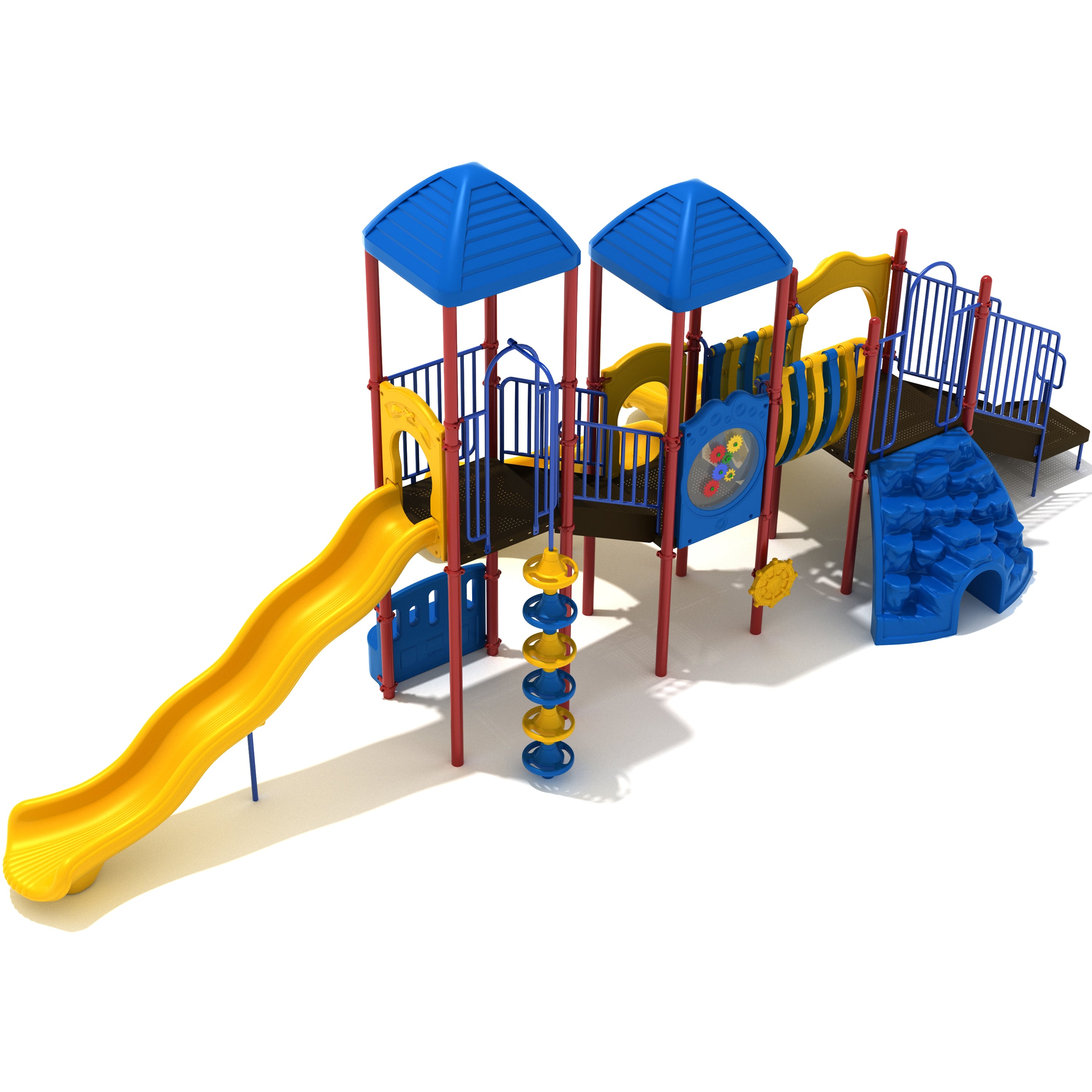 Colorful playground structure with slides and climbing elements on a white background