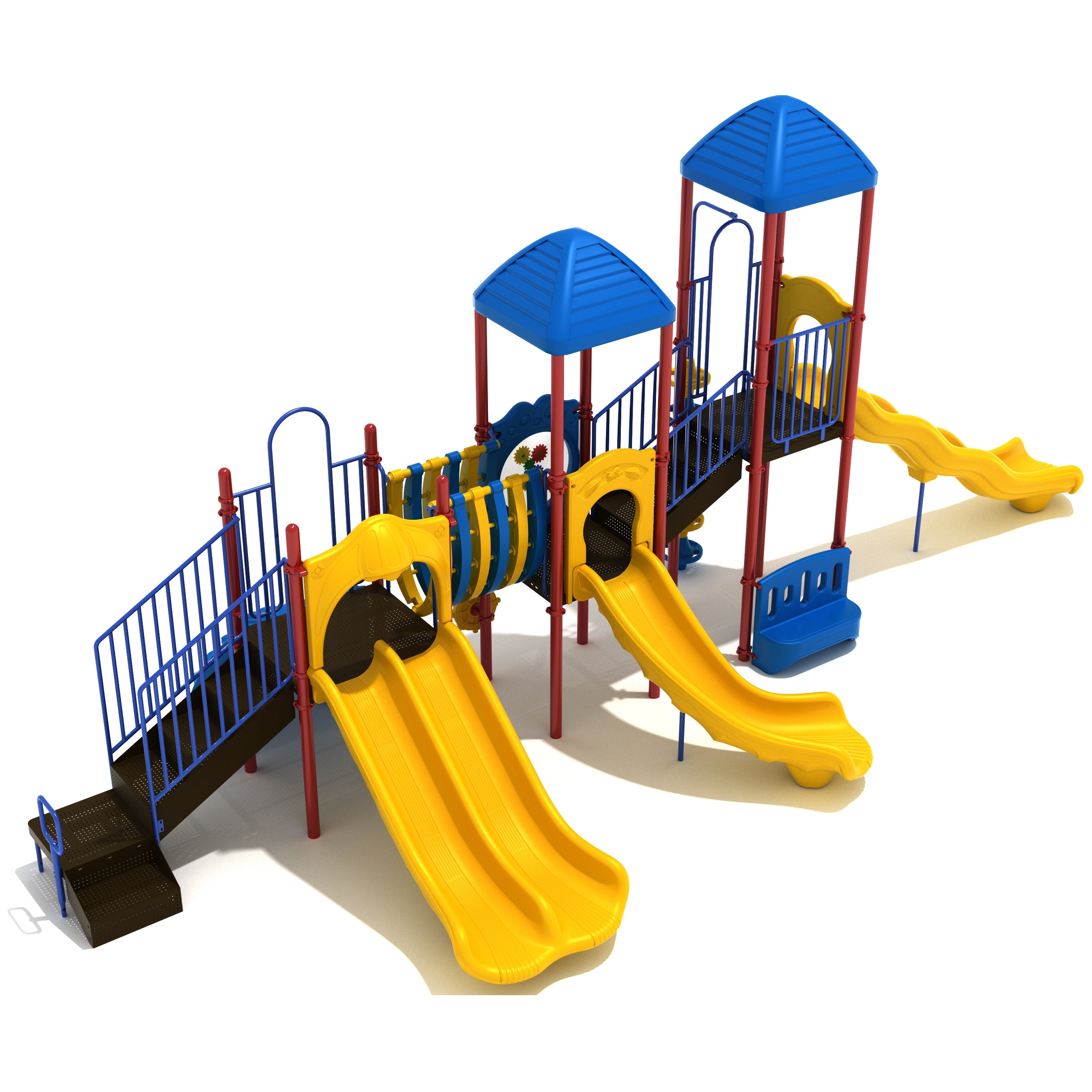 Colorful playground structure with slides and climbing elements on a white background