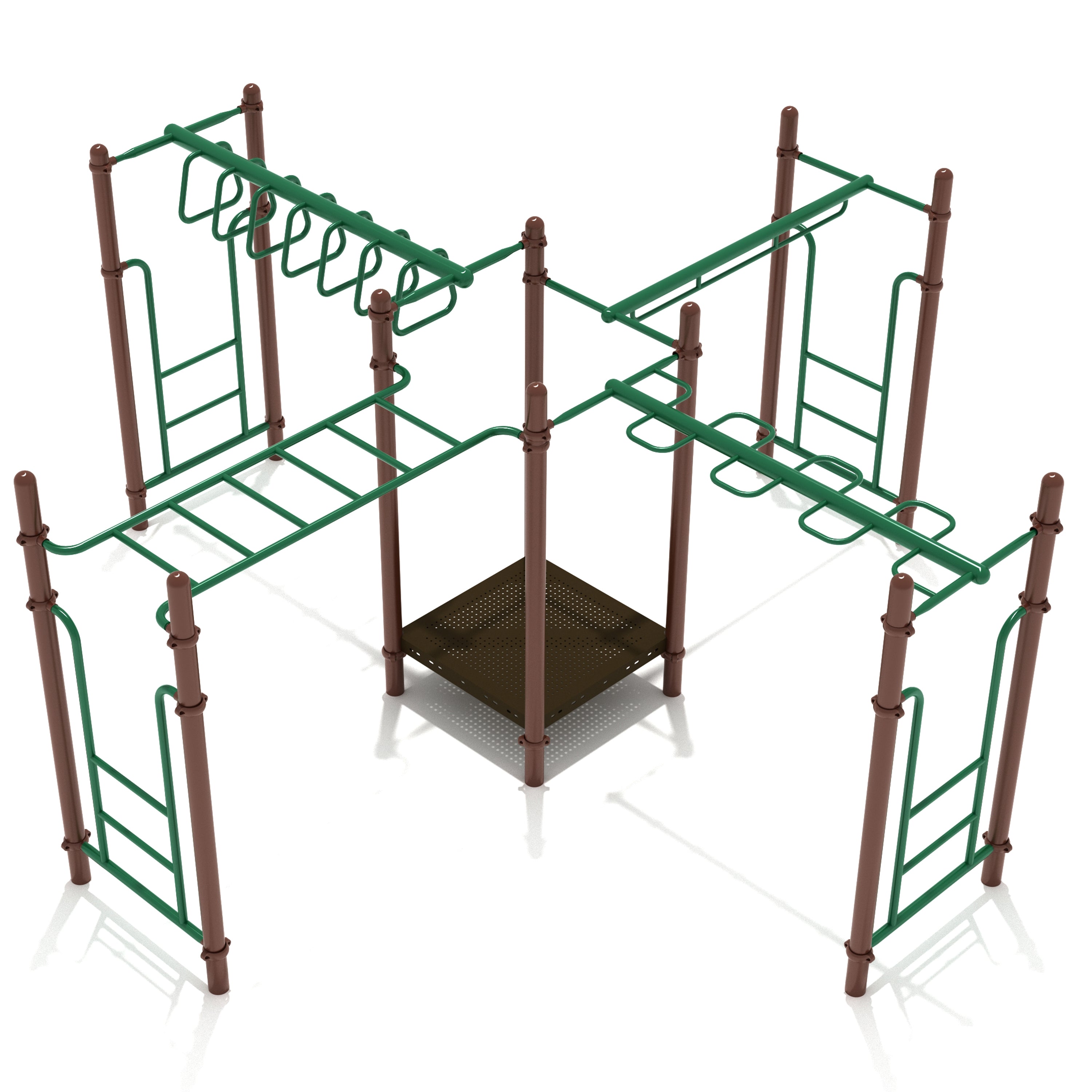 Playground structure with green metal frames and brown wooden posts on a white background