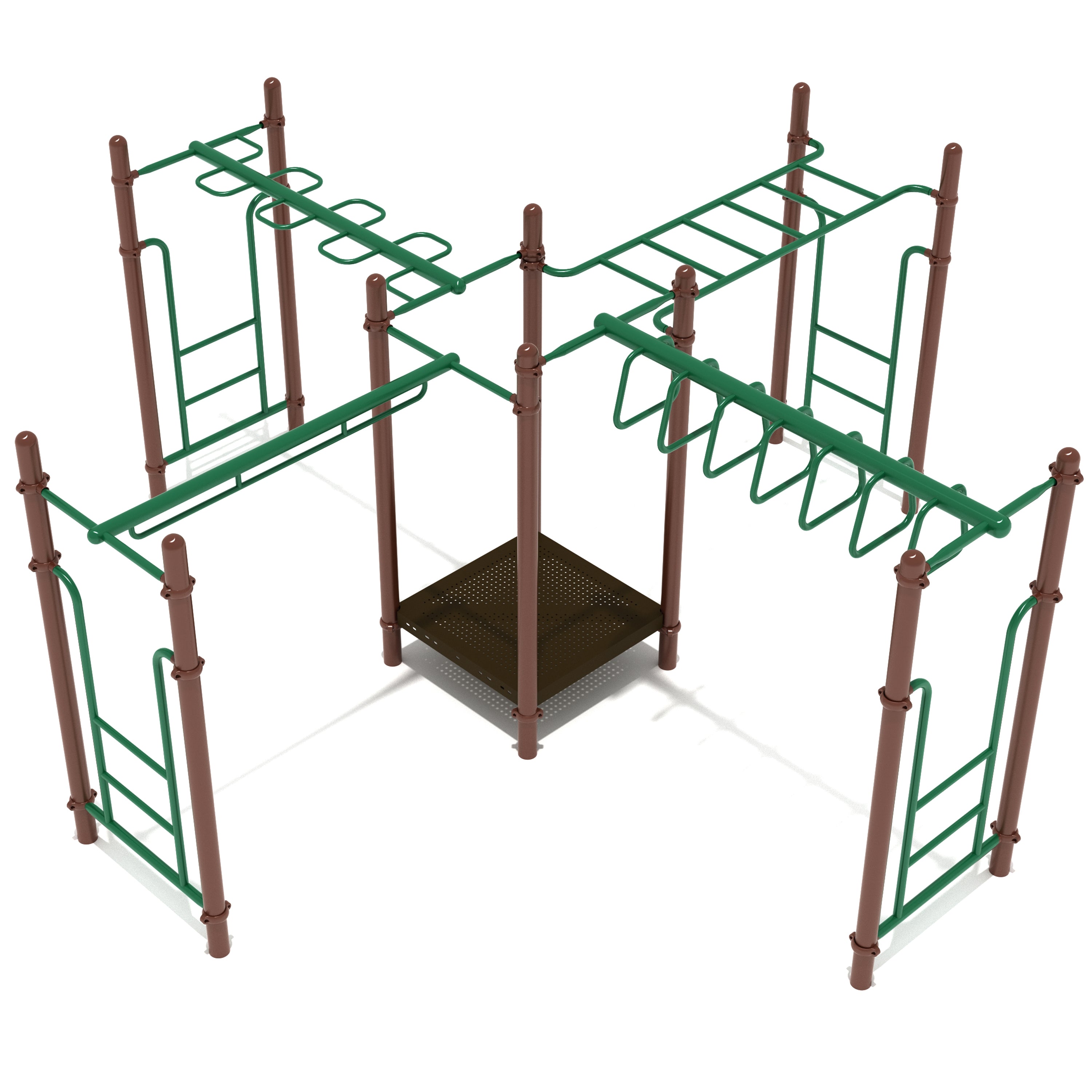 Playground structure with green climbing frames and brown supports on a white background