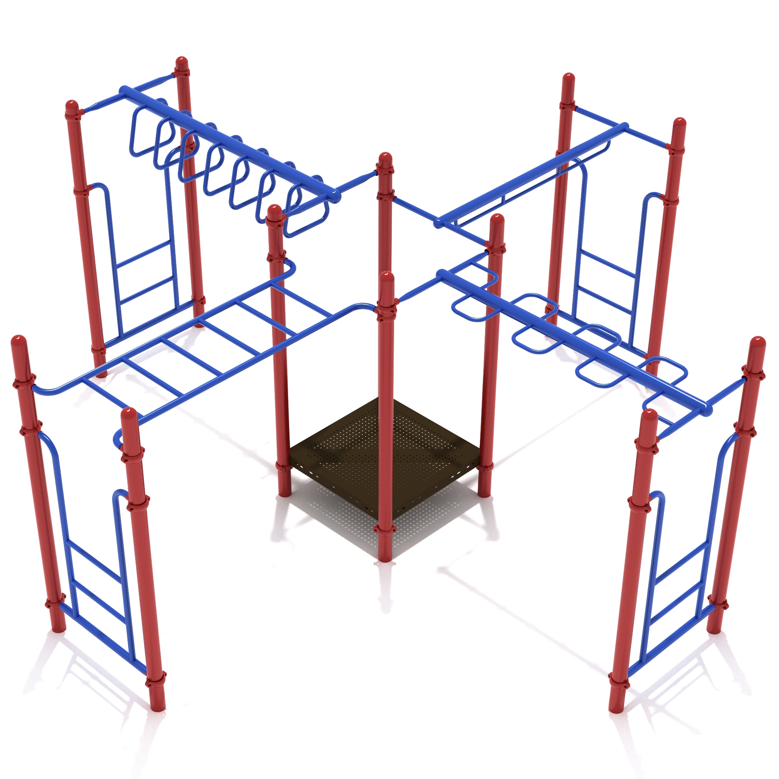 Red and blue playground structure on a white background
