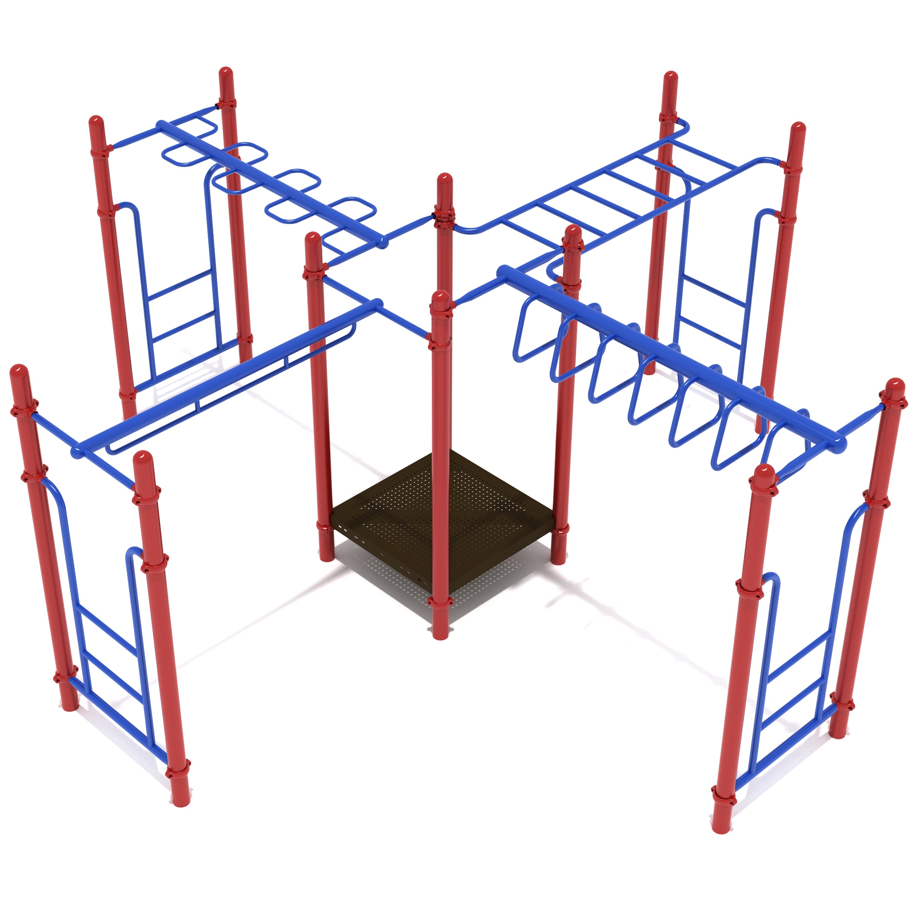 Children's playground structure with red and blue bars on a white background