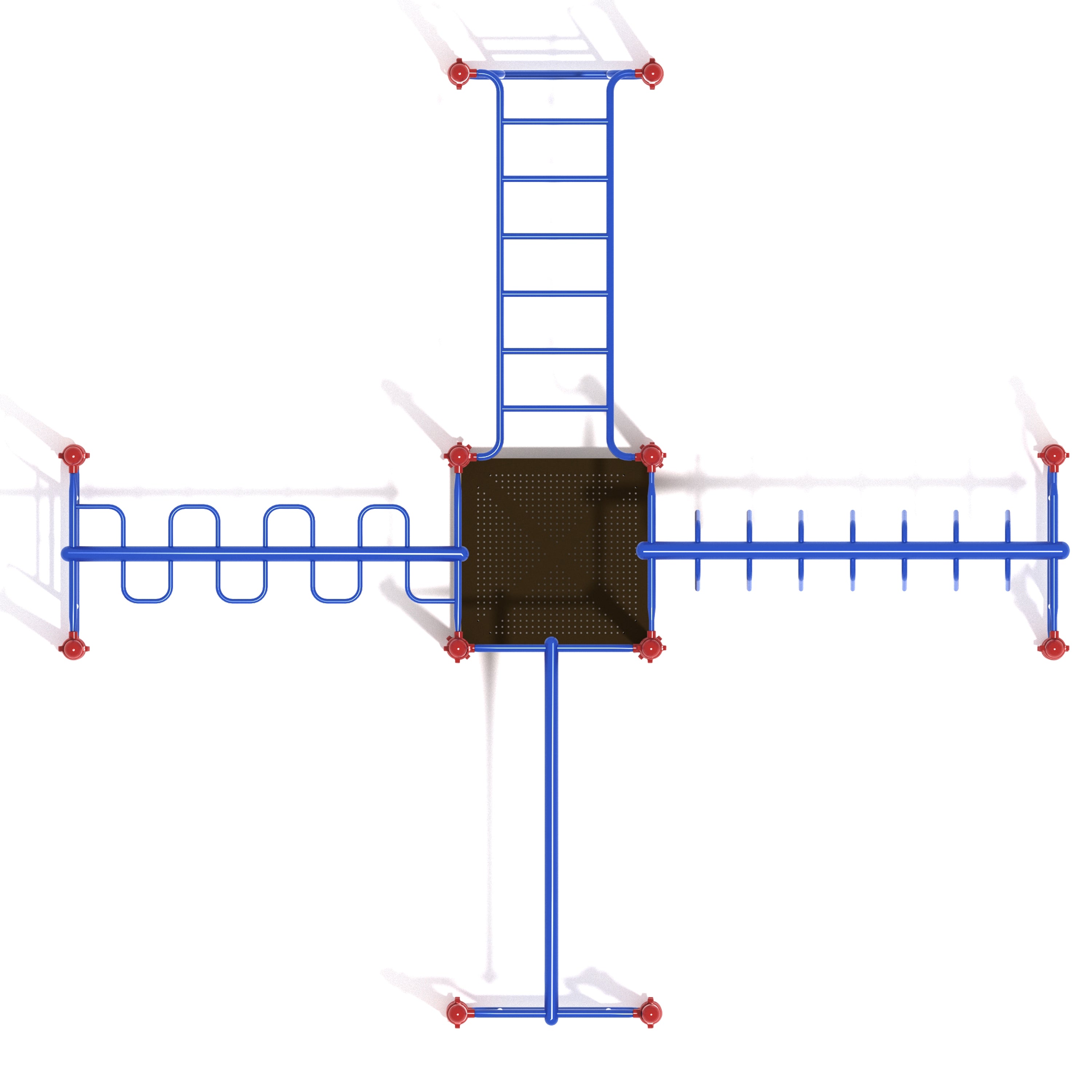 Playground structure with blue and red elements on a white background