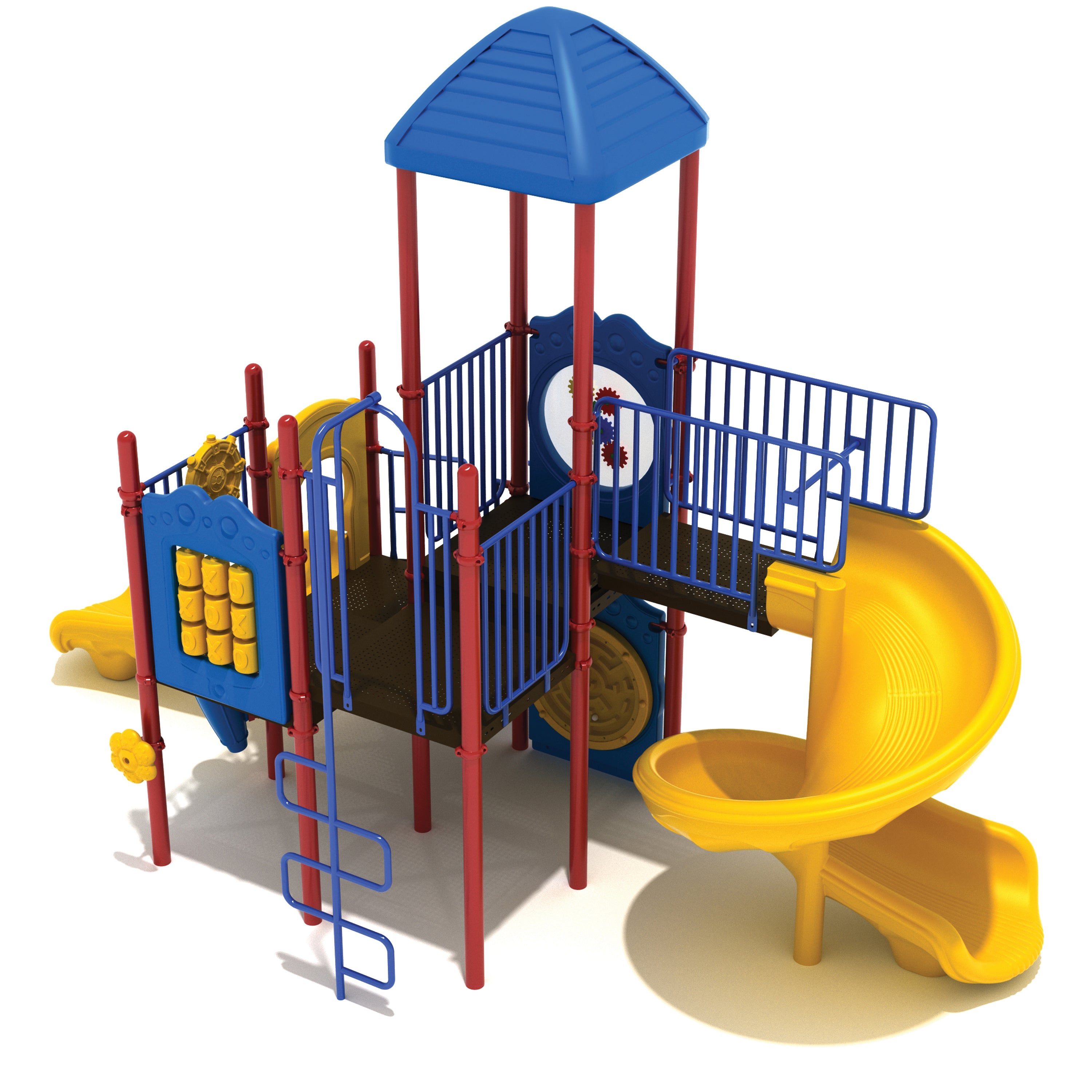 Colorful playground structure with slides and platforms on a white background