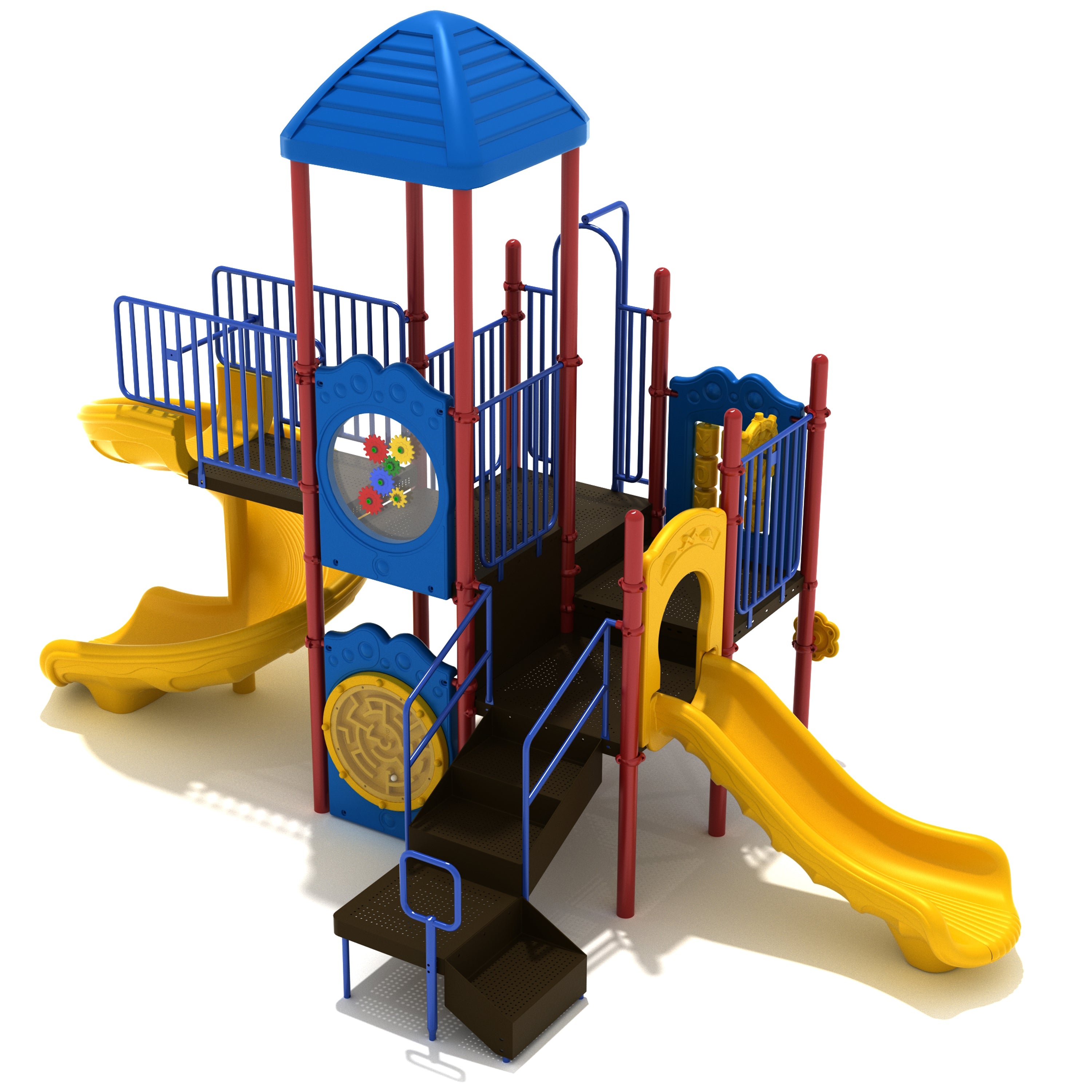 Colorful playground structure with slides and climbing elements on a white background