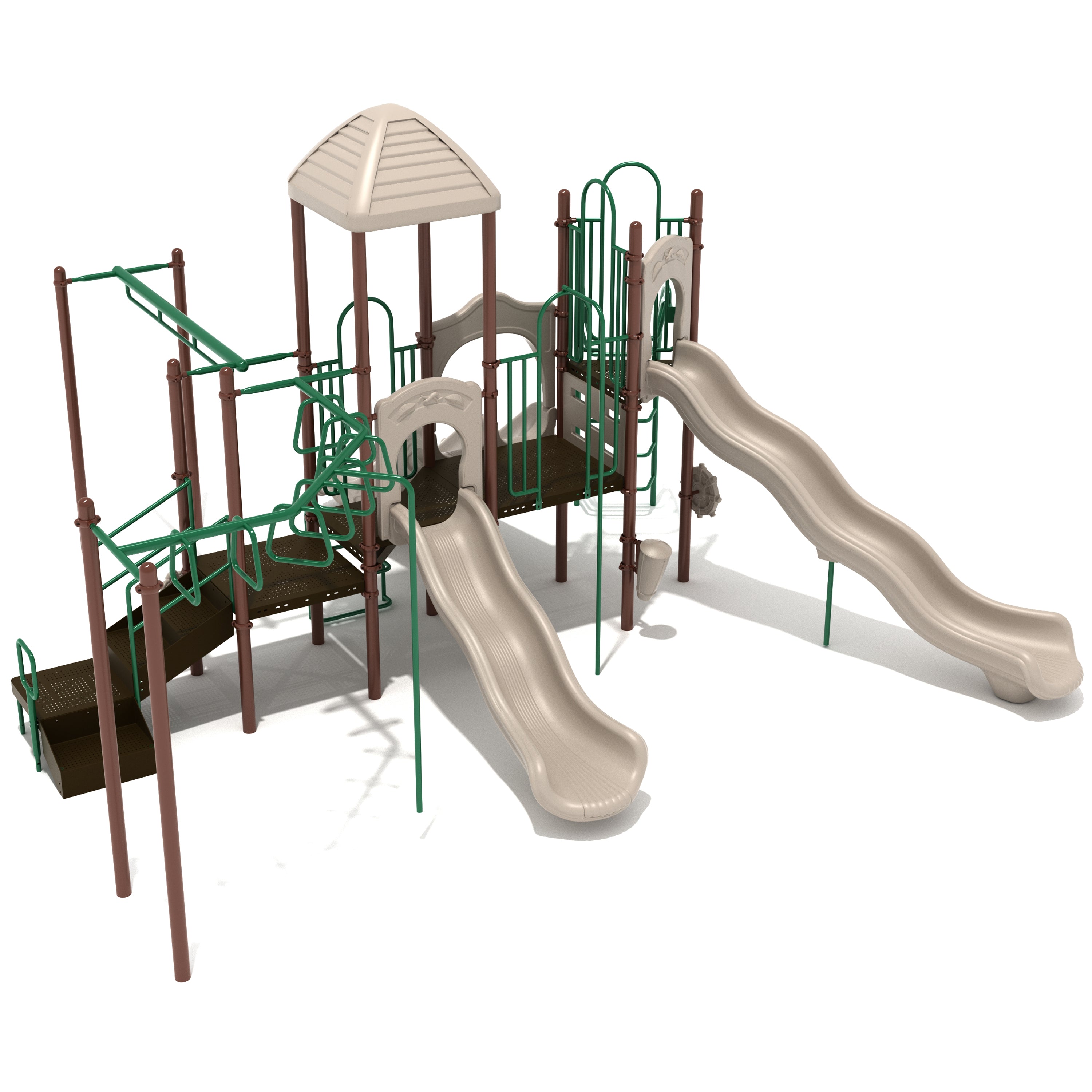 Playground structure with slides and climbing equipment on a white background
