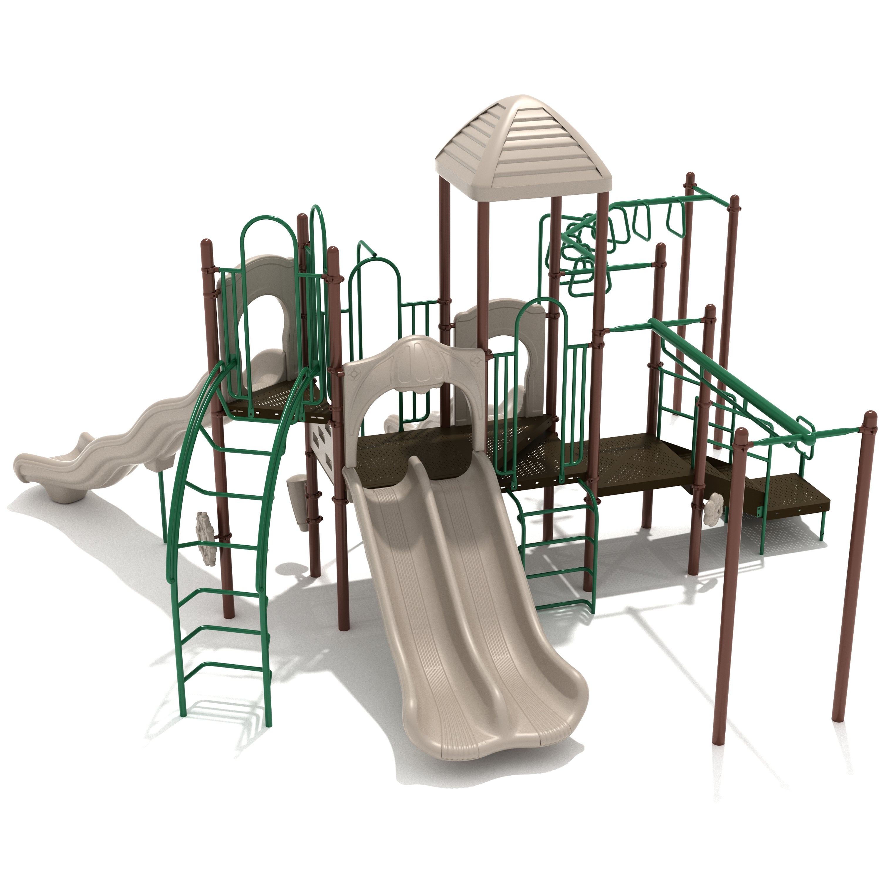 Playground structure with slides and climbing elements on a white background
