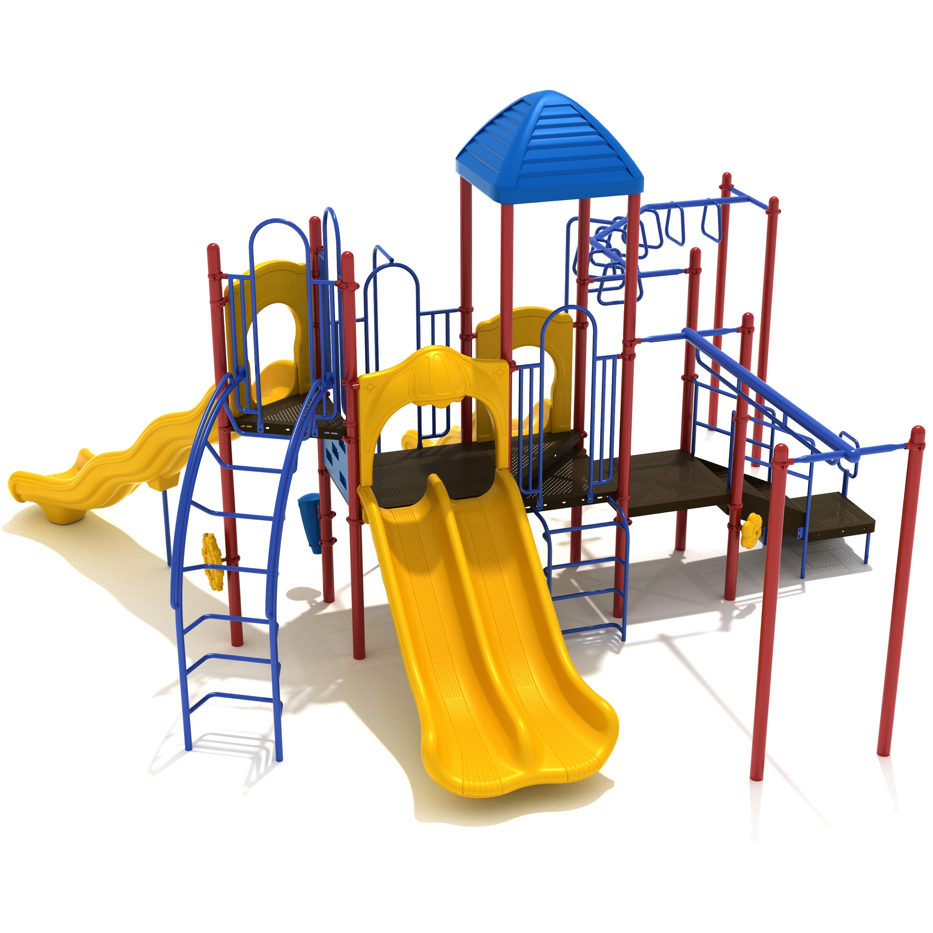 Colorful playground structure with slides and platforms on a white background