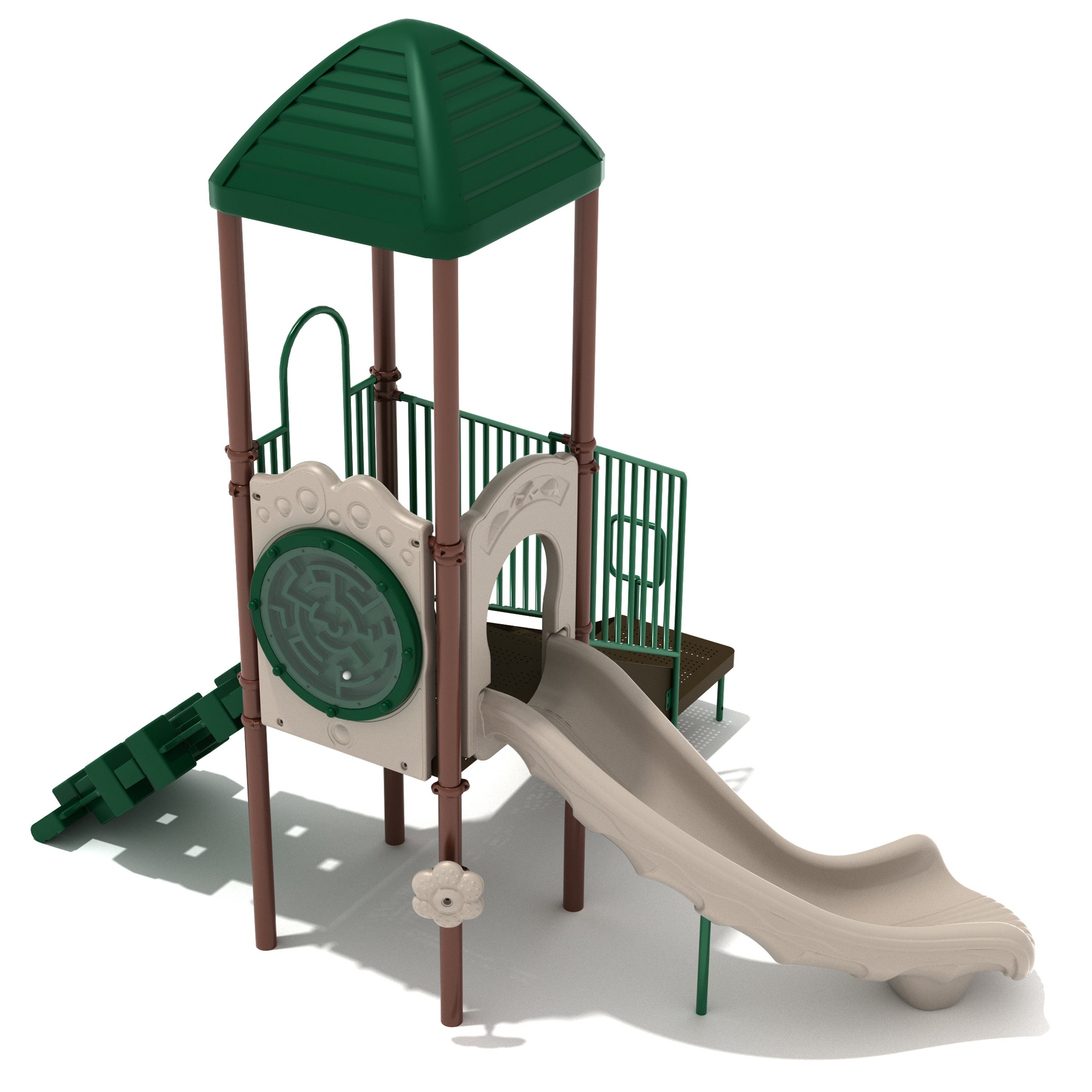 Children's playground structure with slides and climbing area on a white background