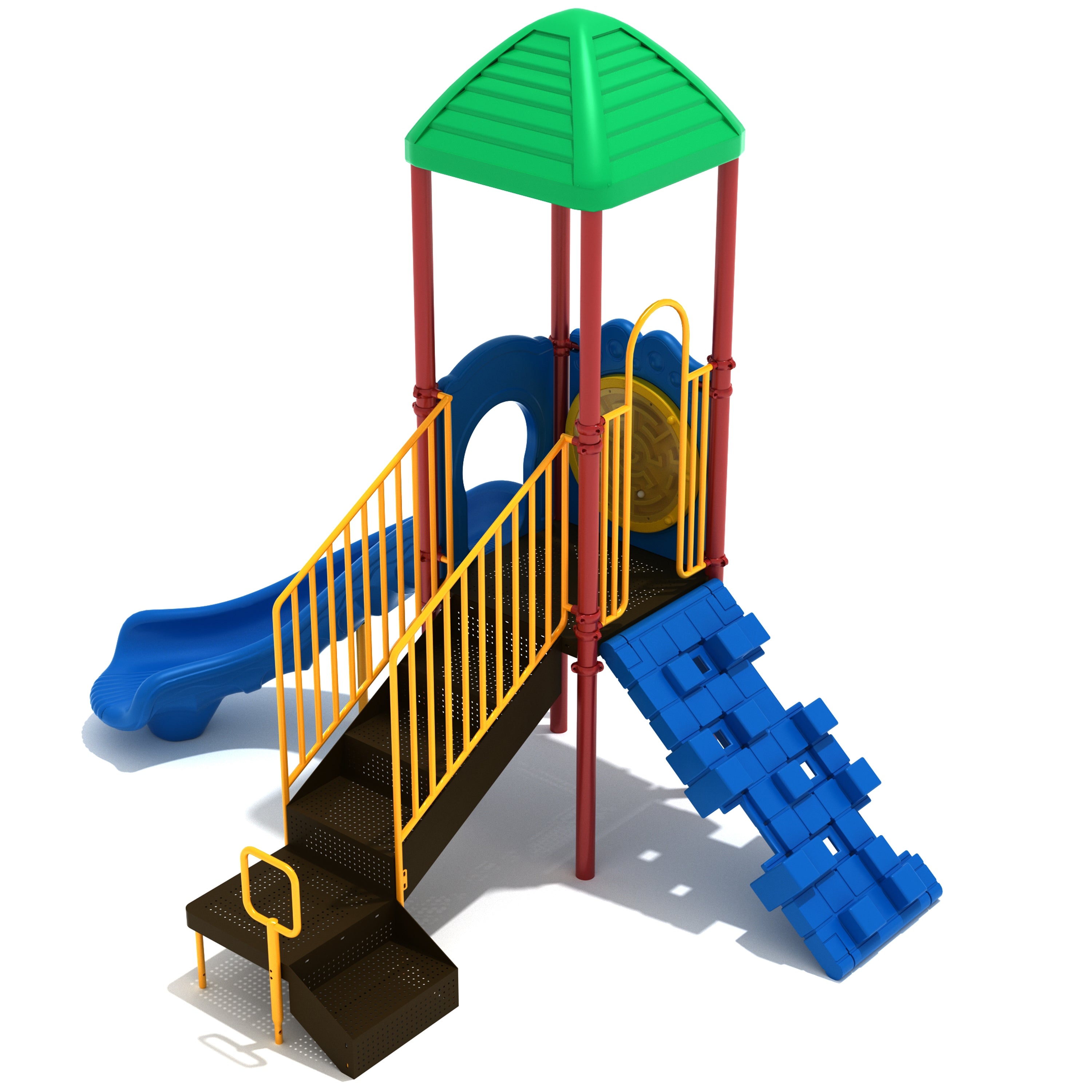 Colorful playground structure with slides and climbing elements on a white background