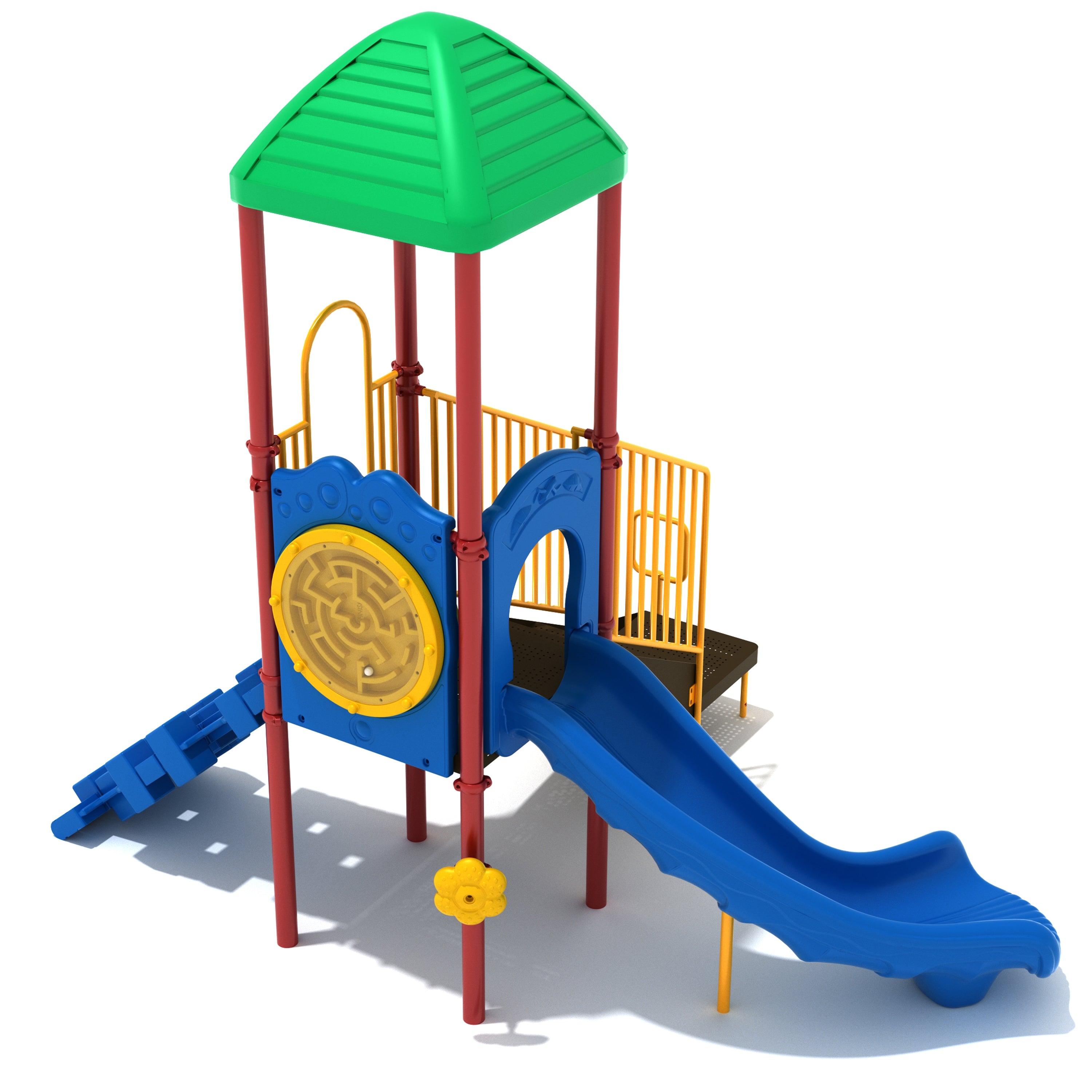 Colorful playground structure with slides and climbing elements on a white background
