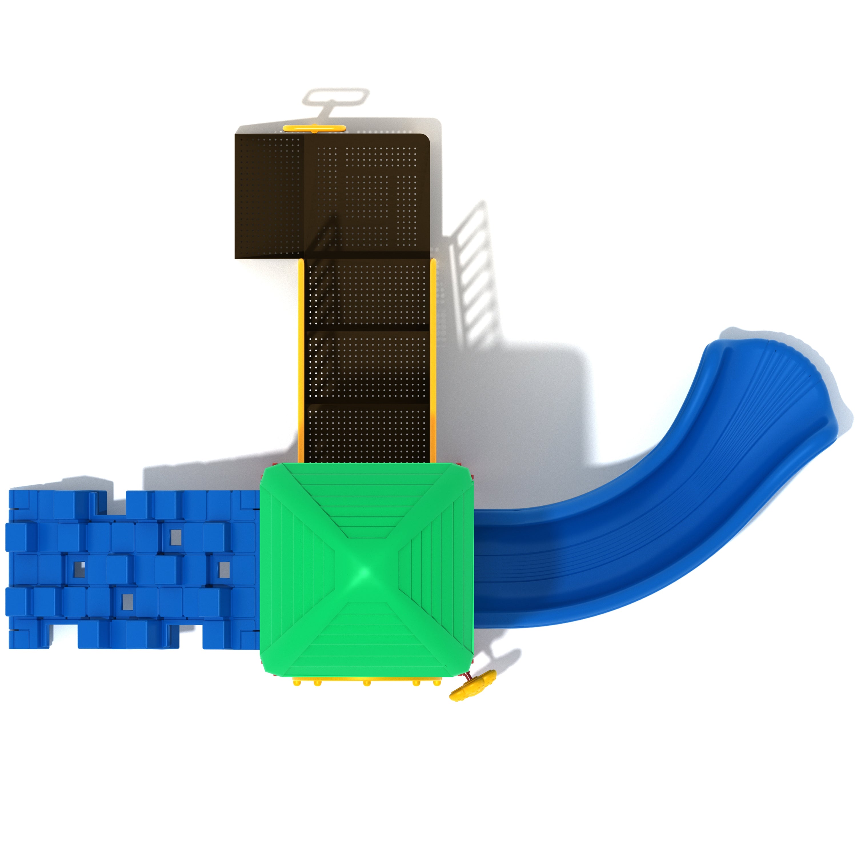 Children's playground structure with blue and green slides on a white background
