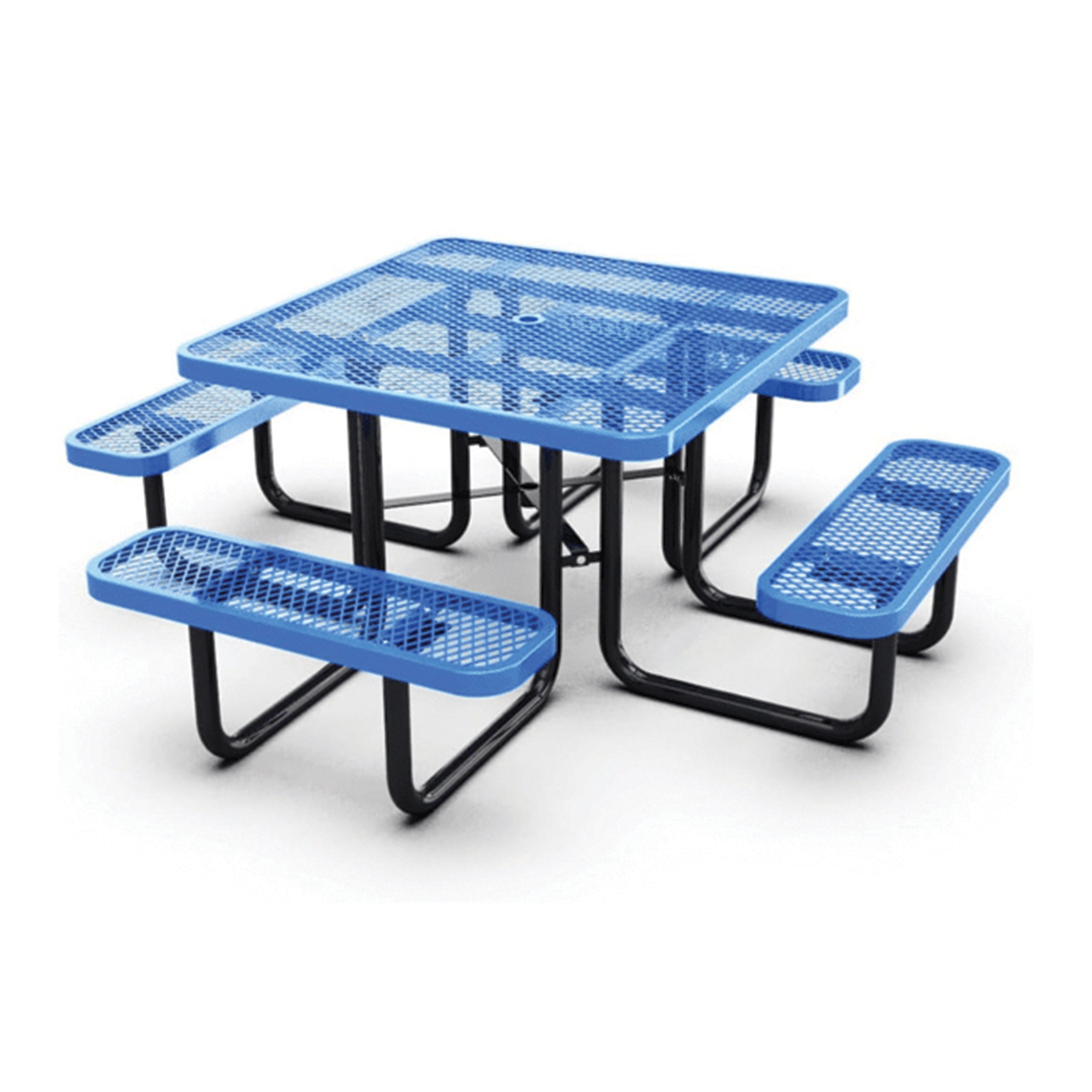 Blue picnic table with four benches on a white background