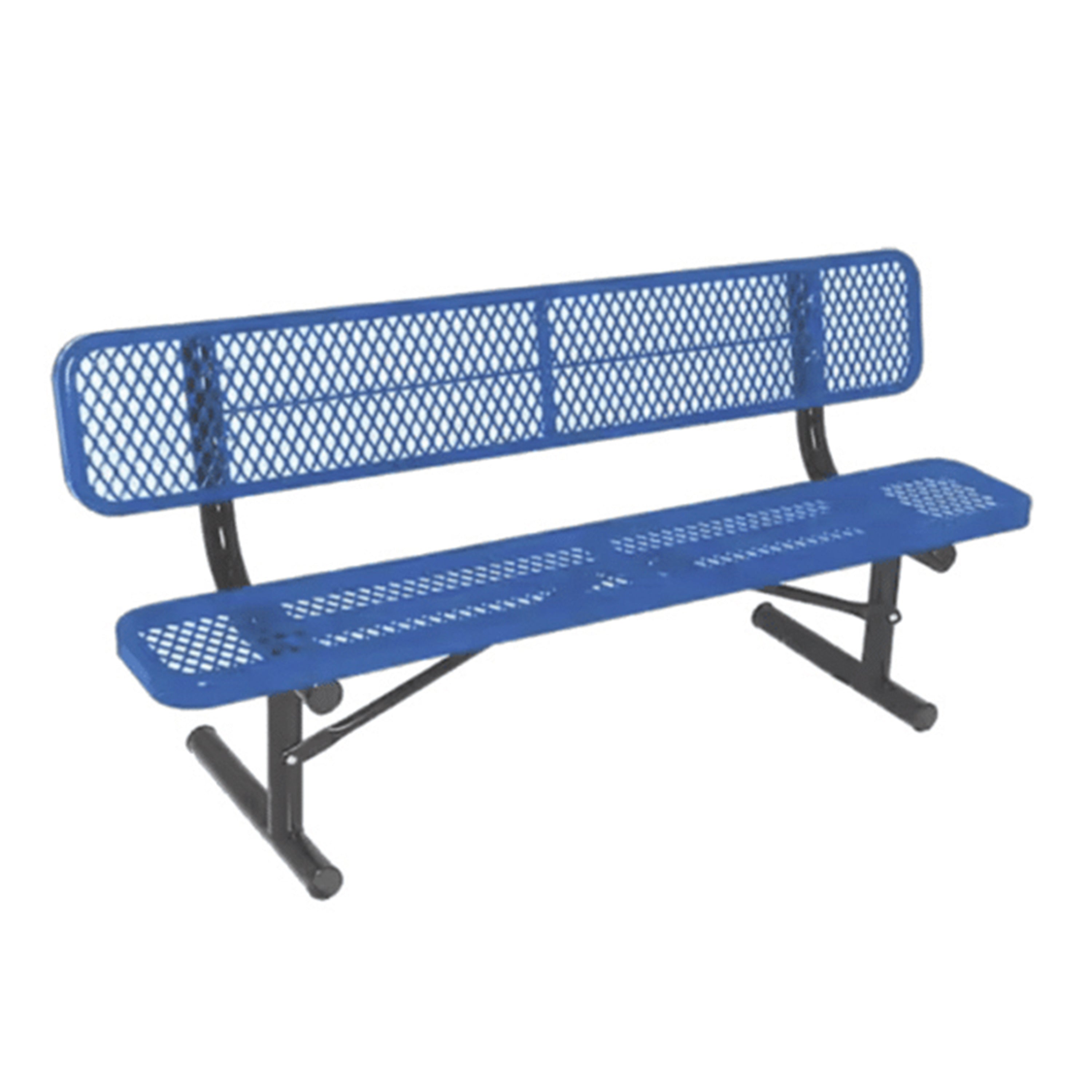 Blue metal bench with black legs on a white background