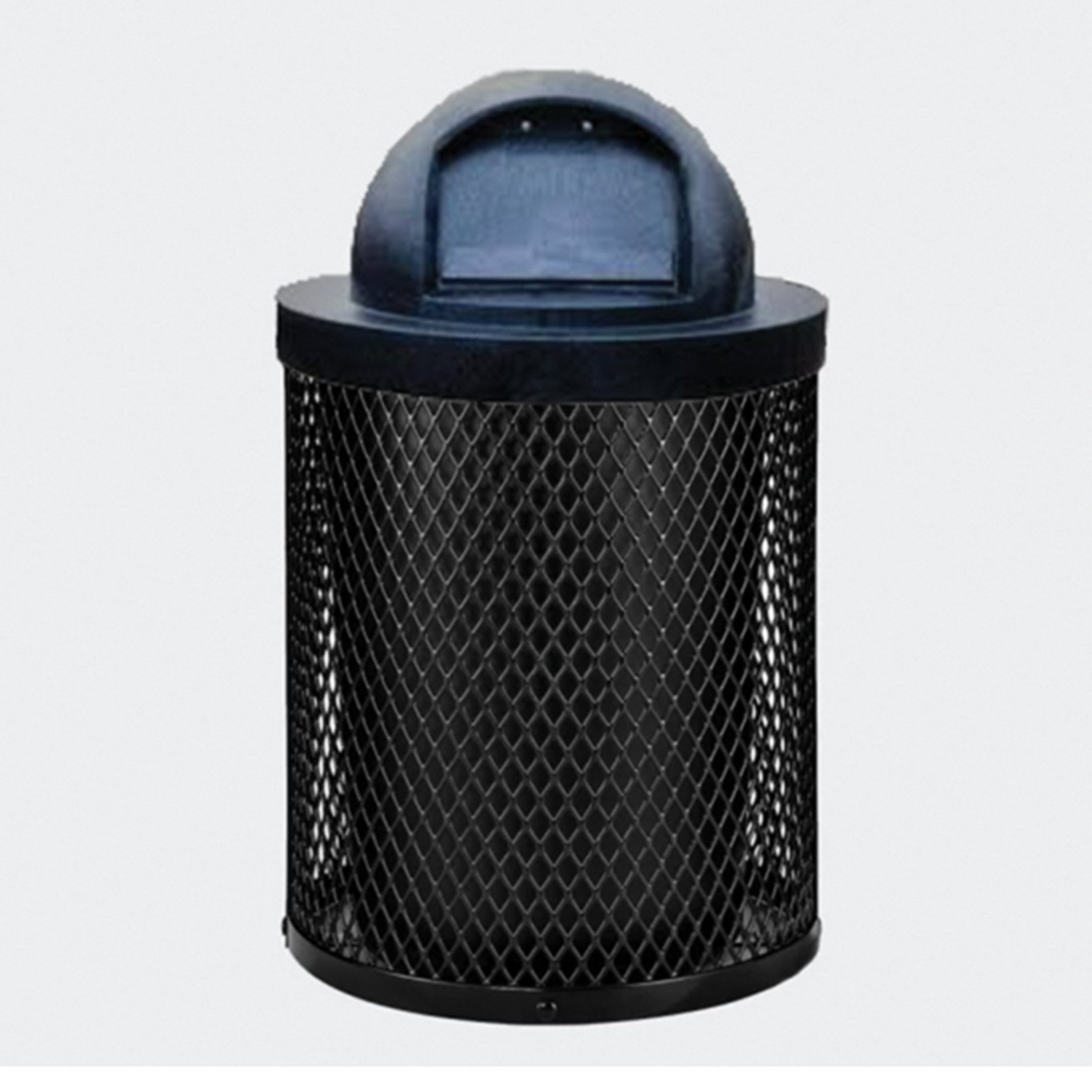 Black mesh trash can with a dark lid on a light gray background