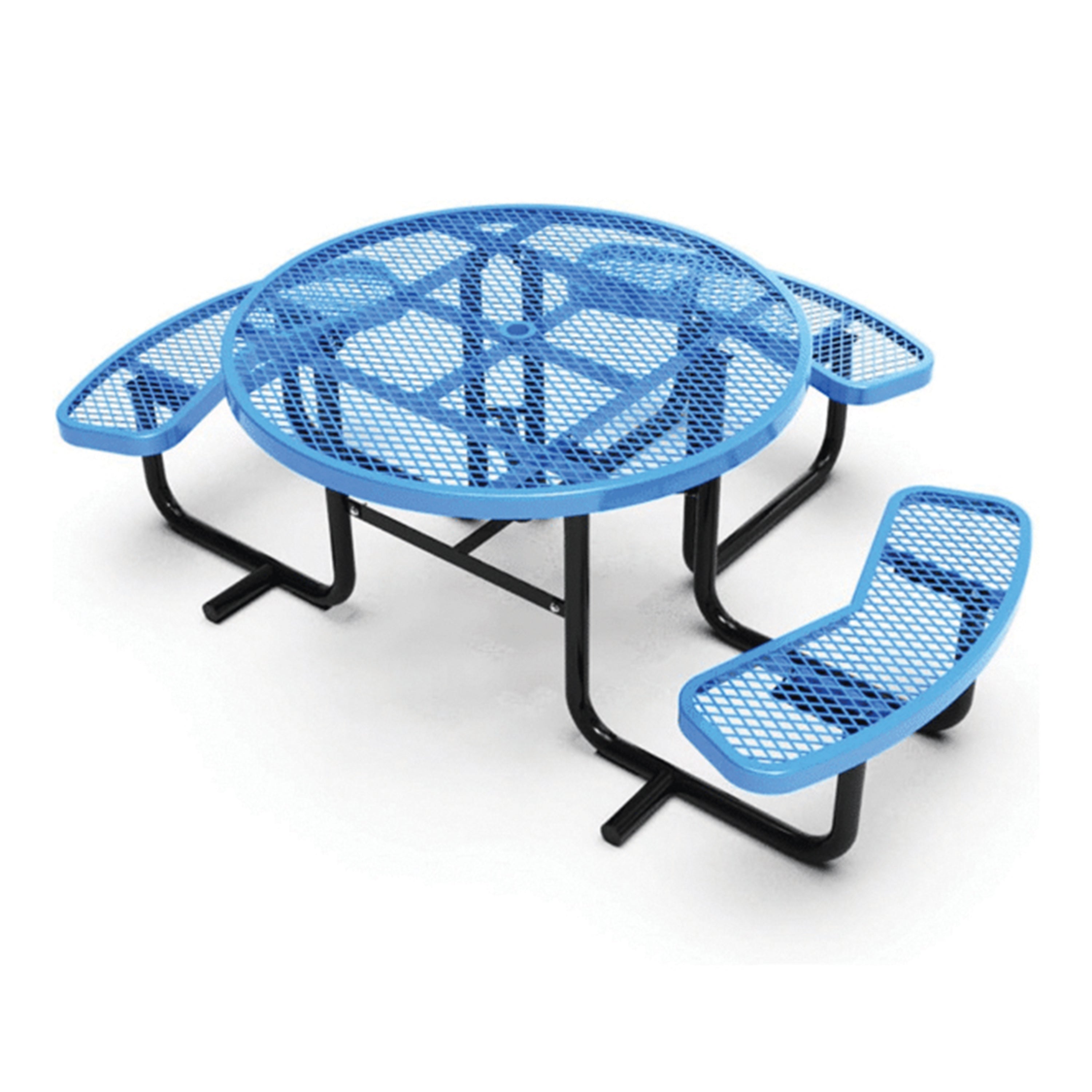 Blue mesh picnic table with benches on a white background