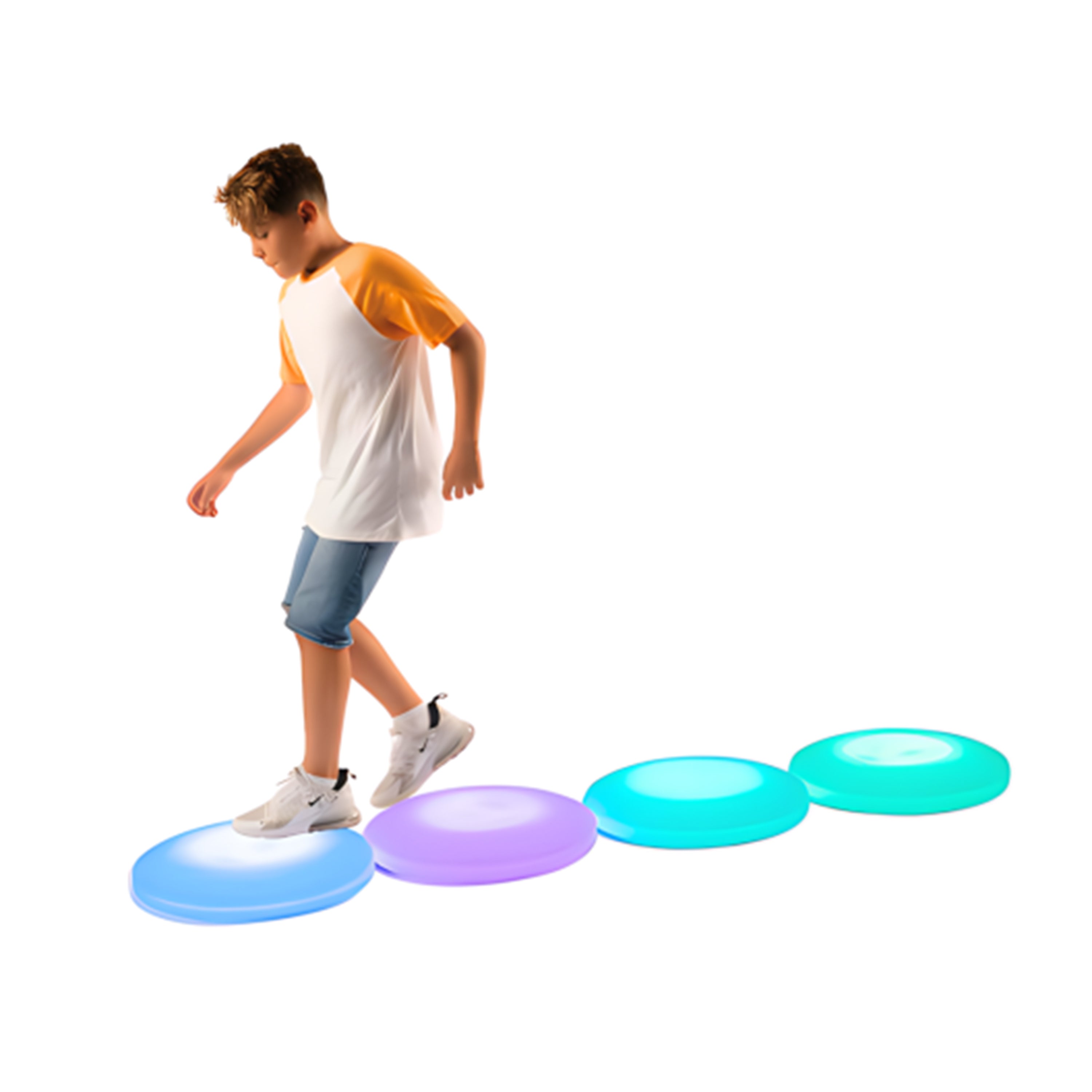 Child stepping on colorful, glowing discs on a white background