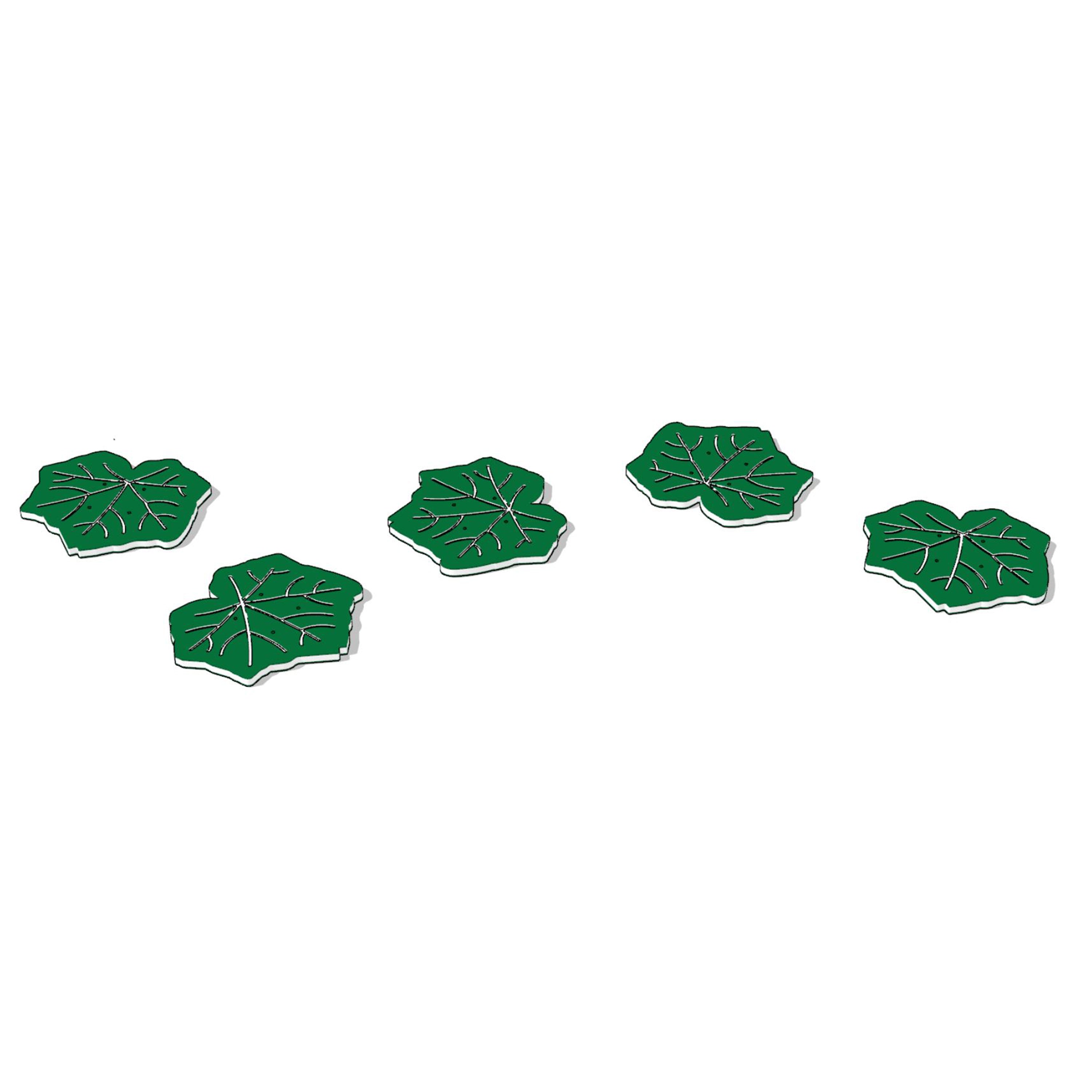 Five green leaf-shaped playground stepping stones on a white background