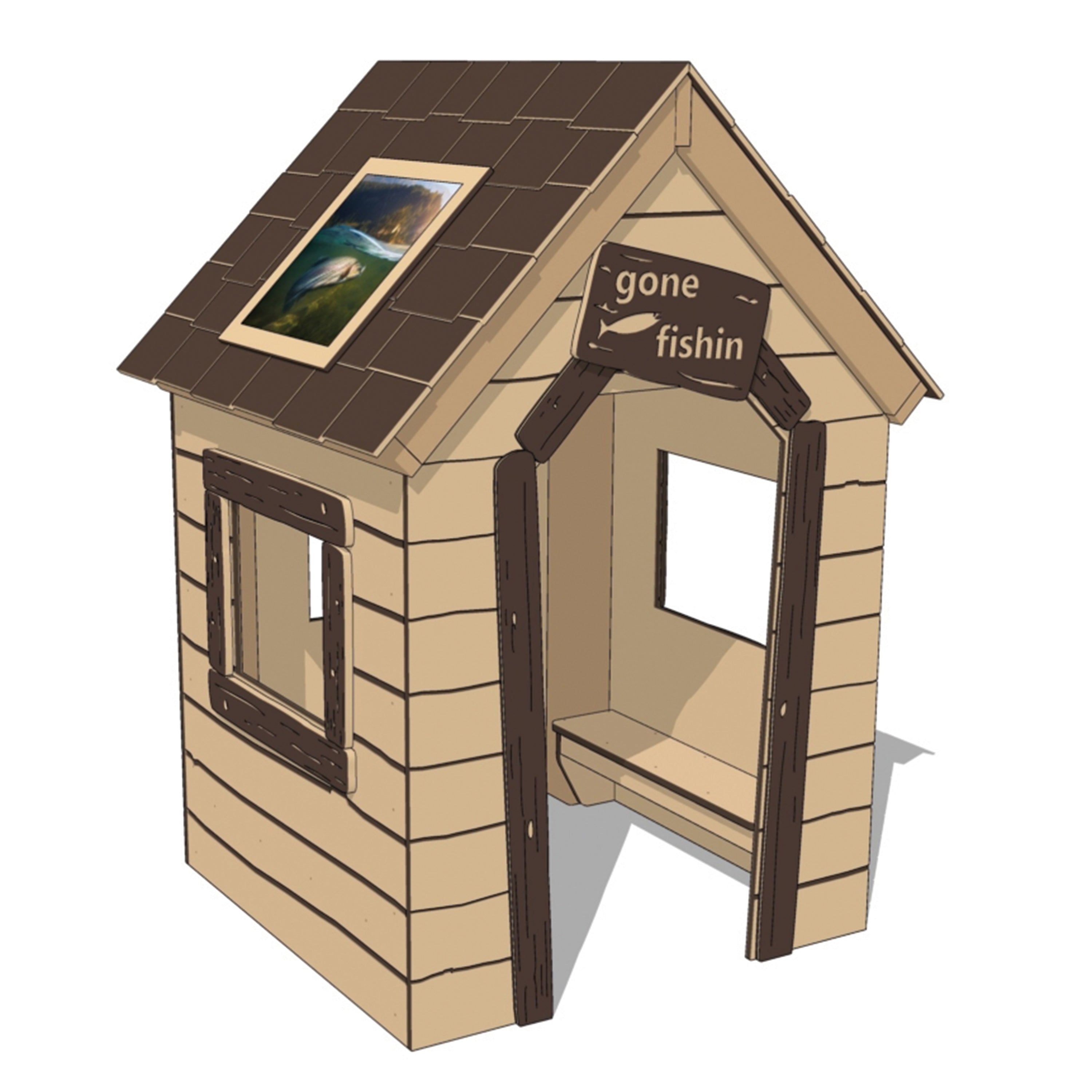 Wooden playhouse with a sign saying 'gone fishin' on a white background
