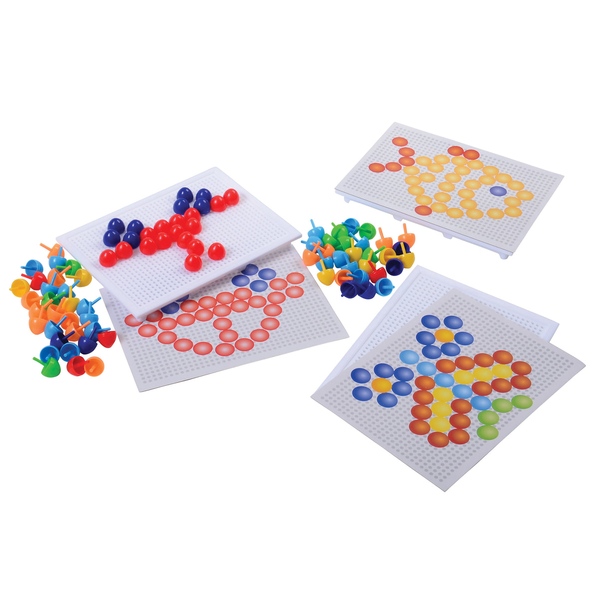 A set of colorful bead-link beadboard games on white boards, with loose multicolored beads and pegs scattered around on a plain white background.