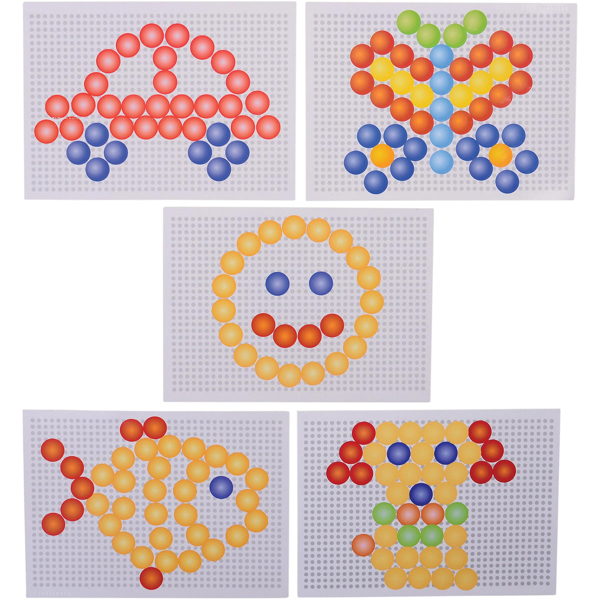 Set of five educational bead boards with various shapes and colors on a white background