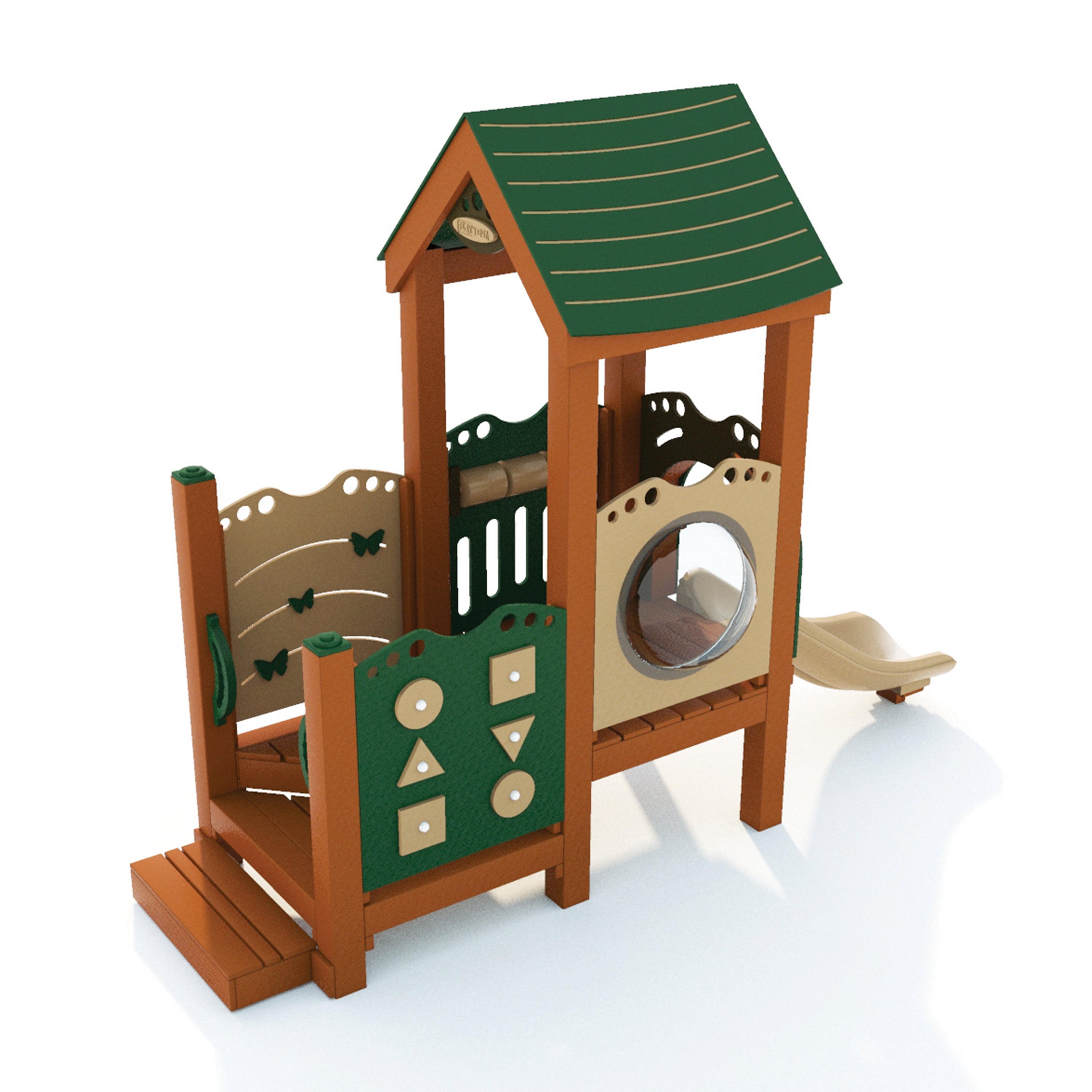 Children's wooden playhouse with green roof and various play elements on a white background