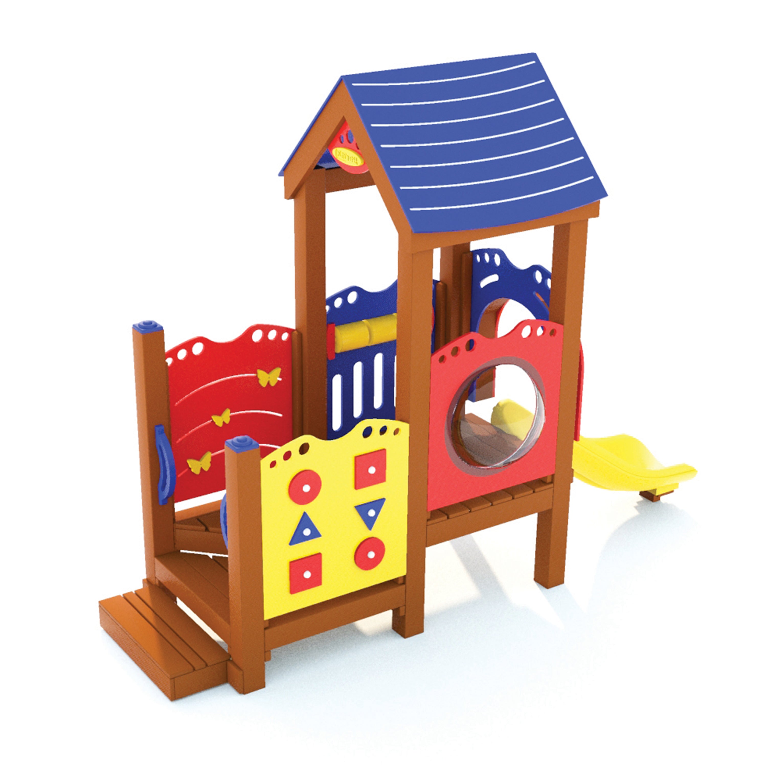 Colorful children's playhouse with slide and climbing elements on a white background