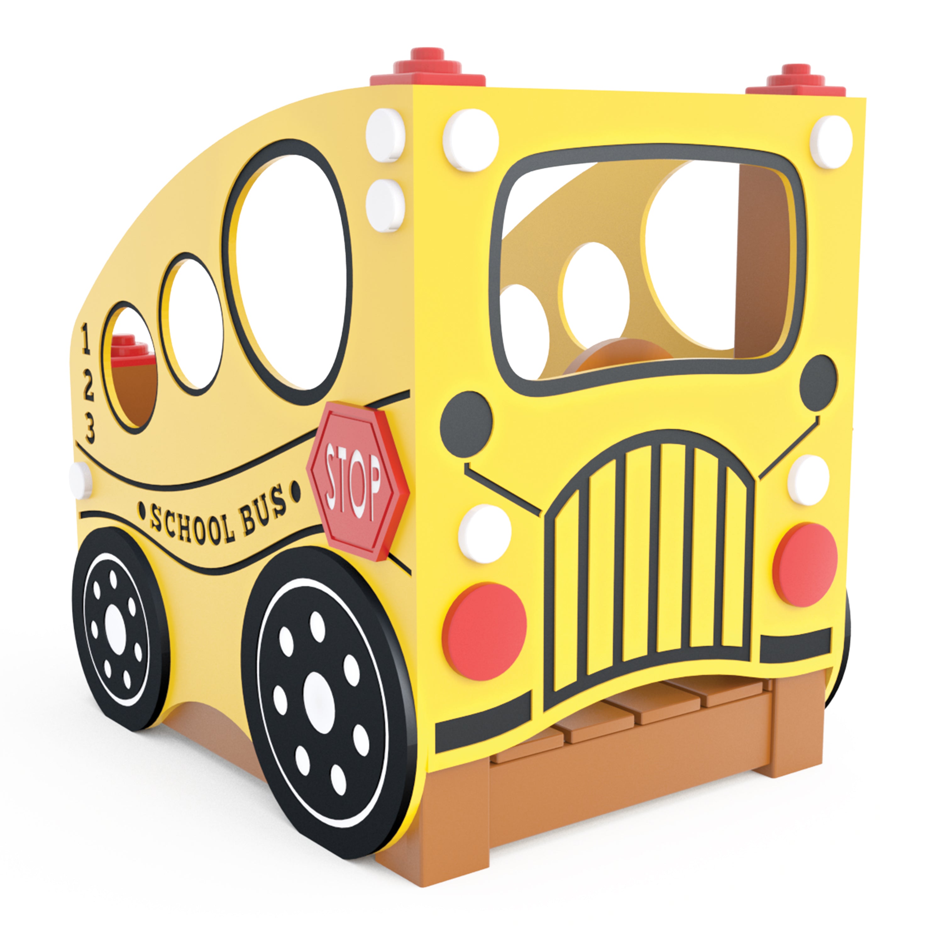 Toy school bus with a stop sign on a white background