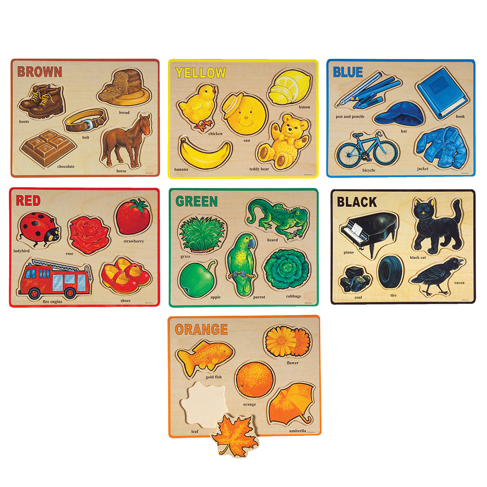 Half-Size Learn-A-Color Wooden Inlay Puzzle Set | 7 Vibrant Color Recognition Puzzles