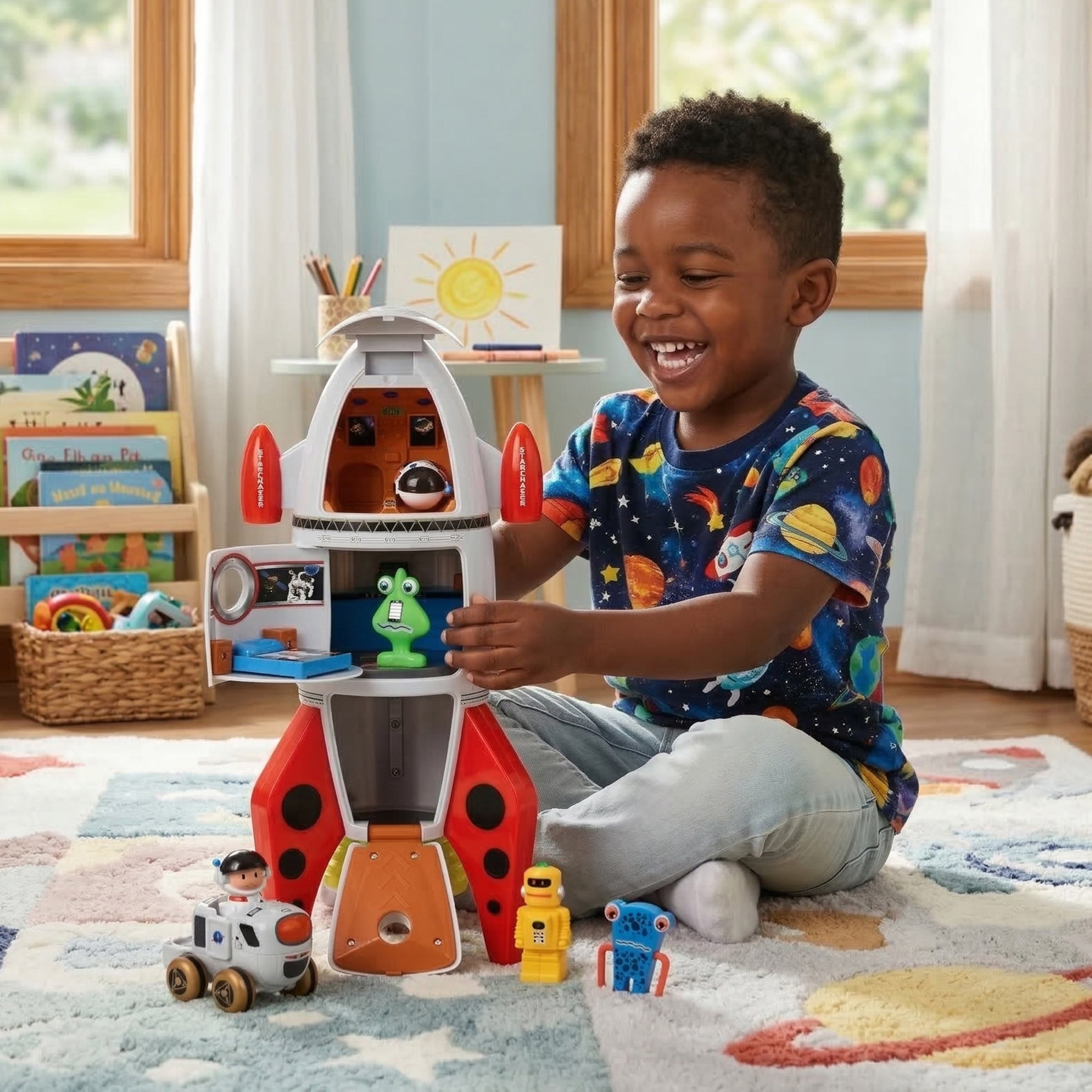 Space Mission Rocket Ship Playset with Sounds | 7-Piece Astronaut & Alien Adventure Set