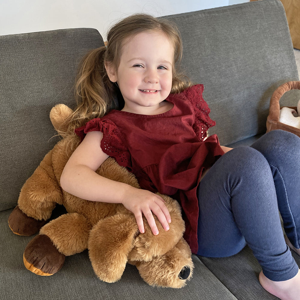 Child with Stuffed & Weighted Therapy Dog Toy