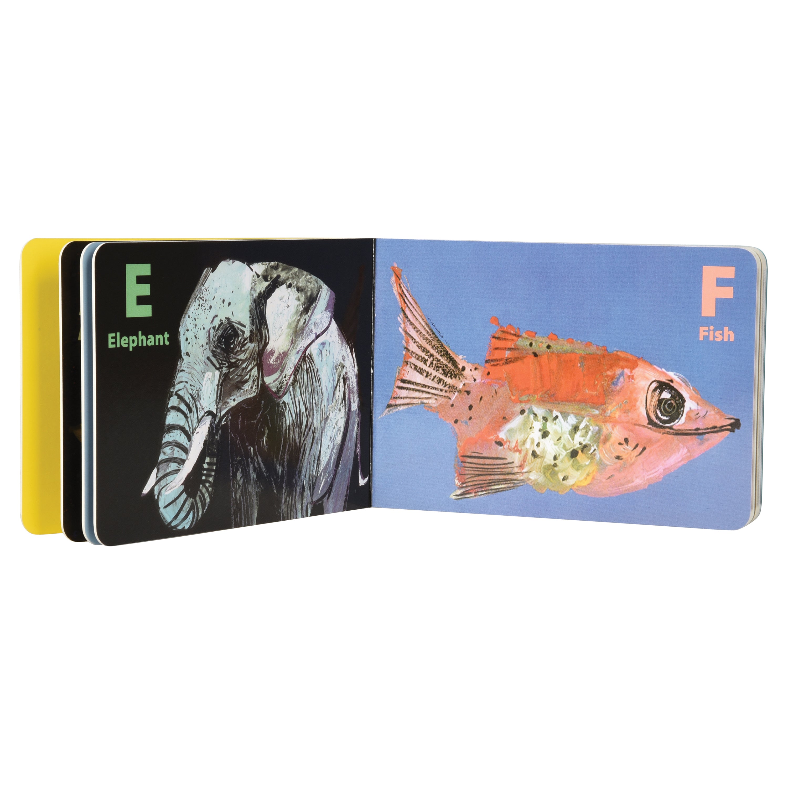 An open children's educational book showing two illustrated pages side by side. The left page has a yellow cover edge and shows an elephant labeled 'E Elephant' on a black background.