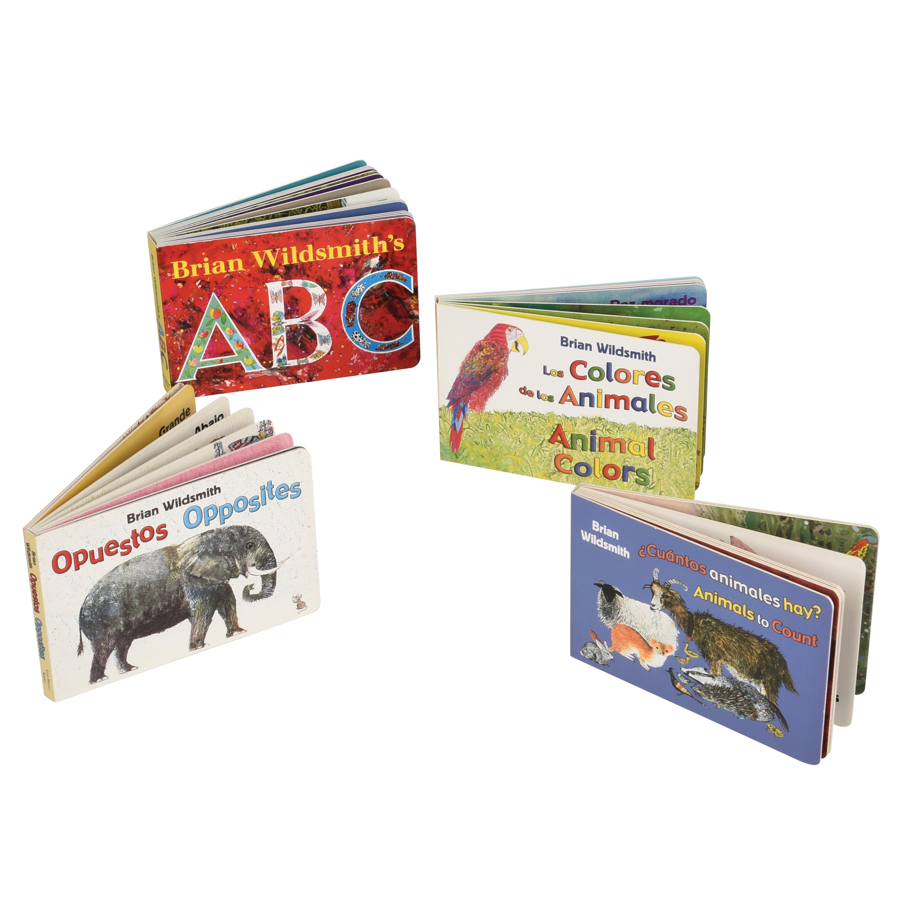 Four children's picture books by Brian Wildsmith arranged on a plain white background: ABC, Animal Colors, Opuestos Opposites, and Animals to Count.