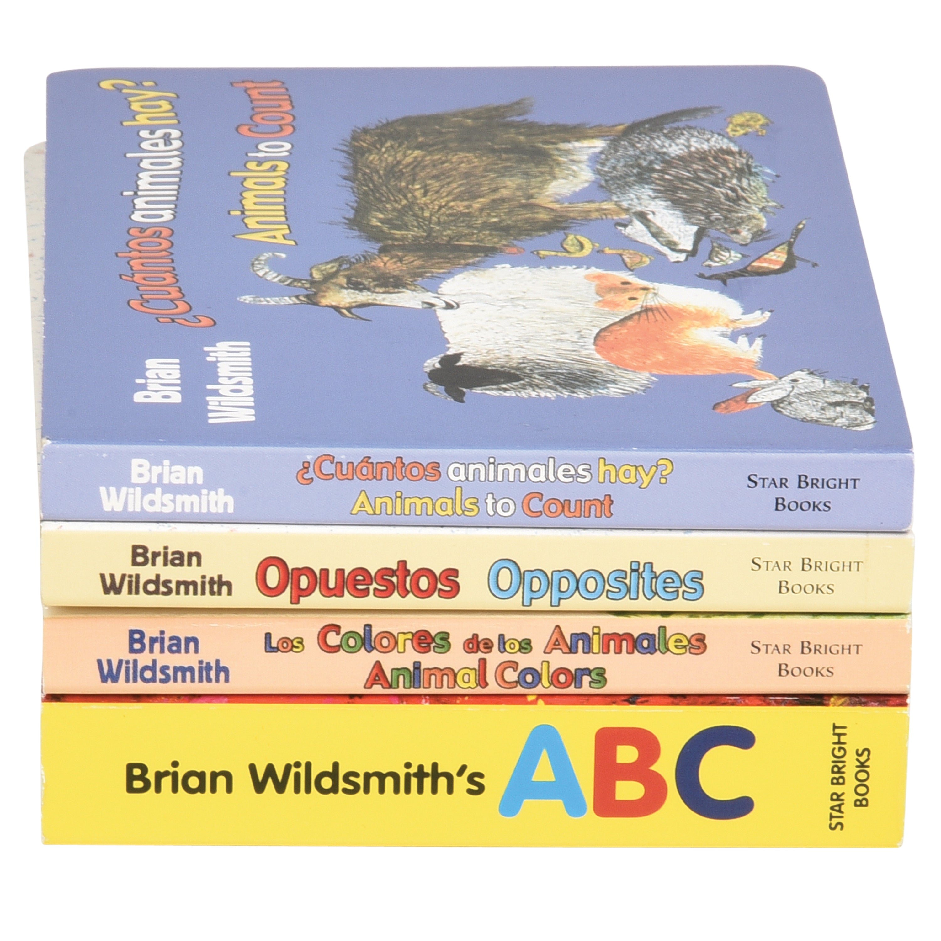 A stack of four children's books by Brian Wildsmith from Star Bright Books, including “Animals to Count,” “Opposites,” “Animal Colors,” and “ABC,” with colorful illustrated covers on a white background.