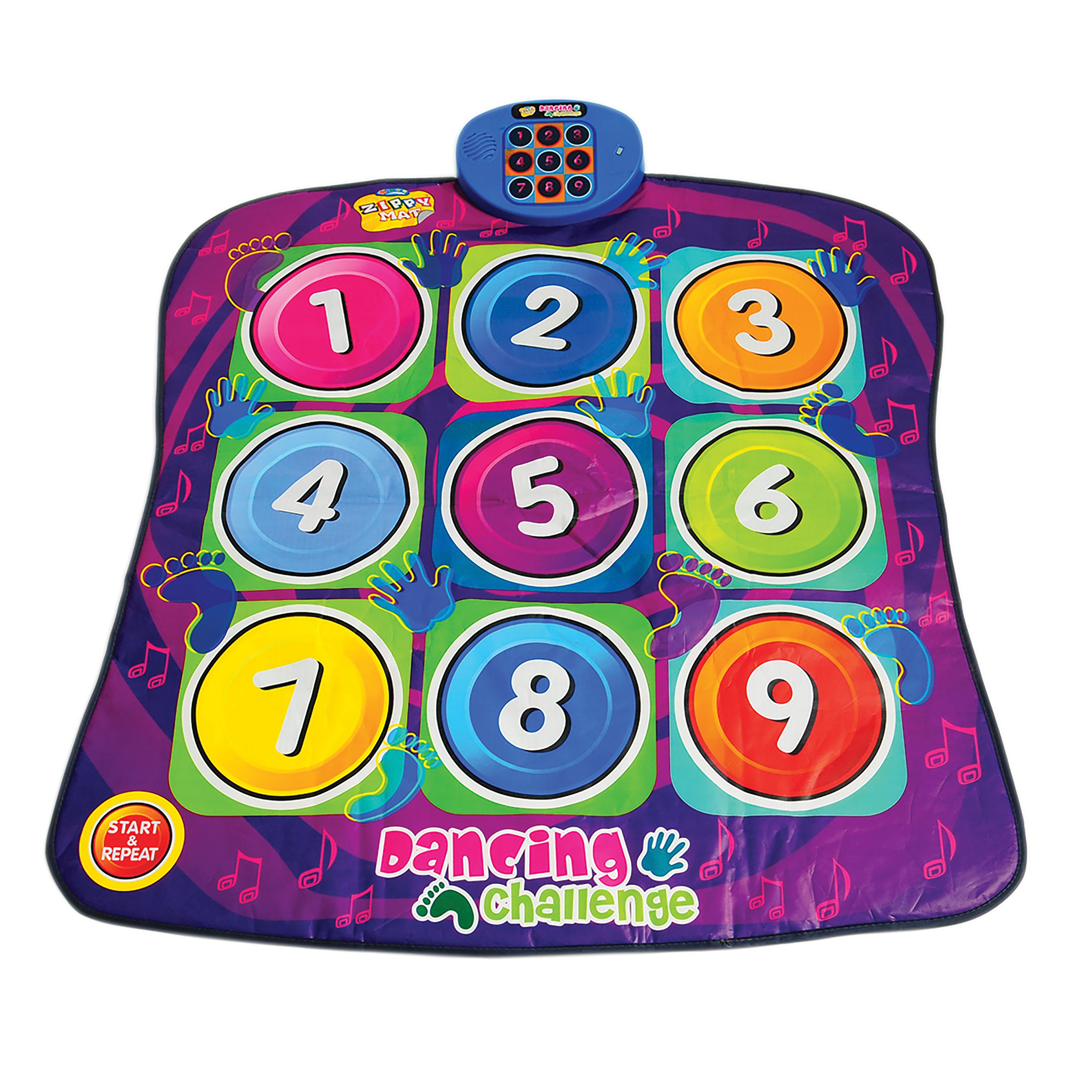 Colorful electronic dance mat with number buttons on a white background