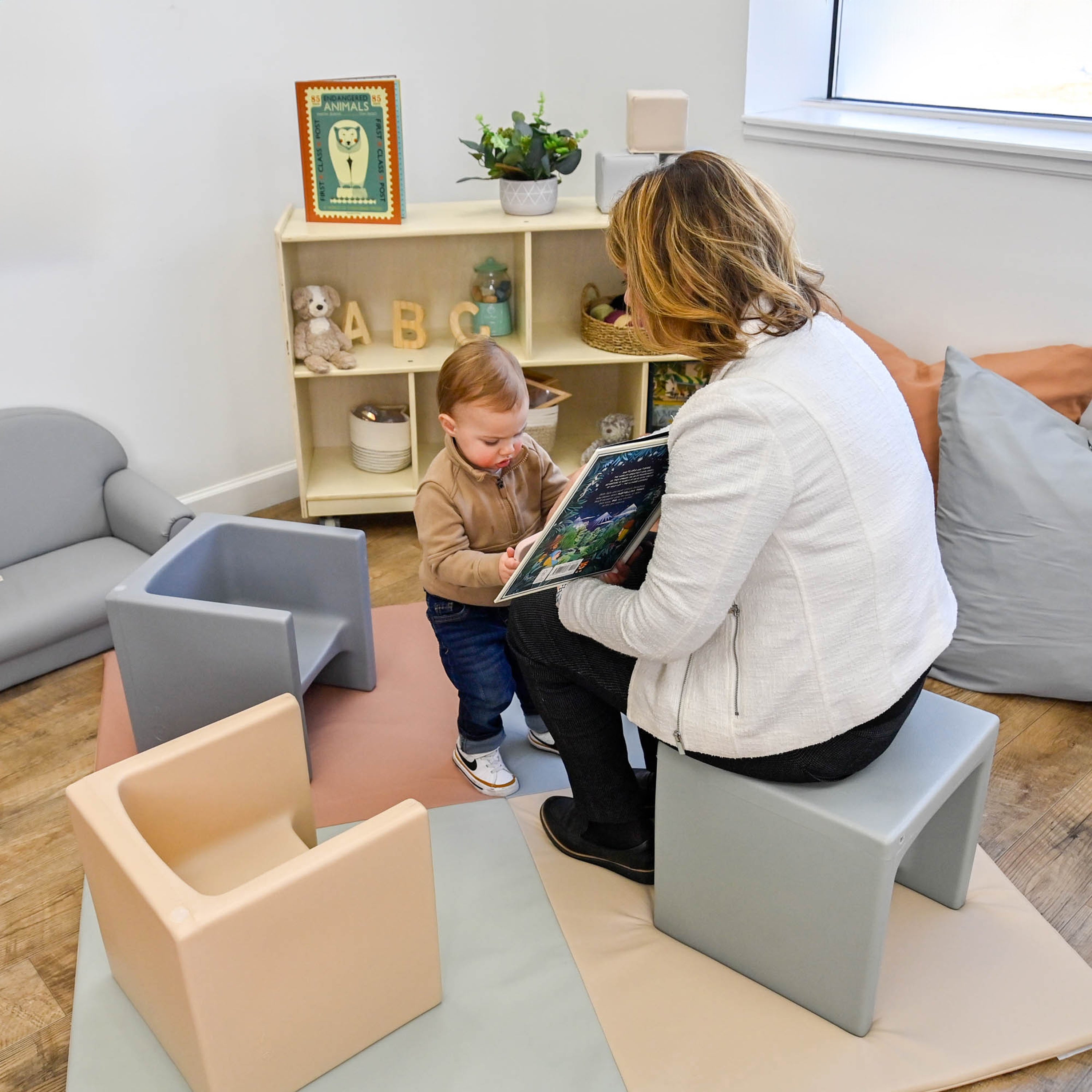 Woman reading a book to a child in a modern playroom.