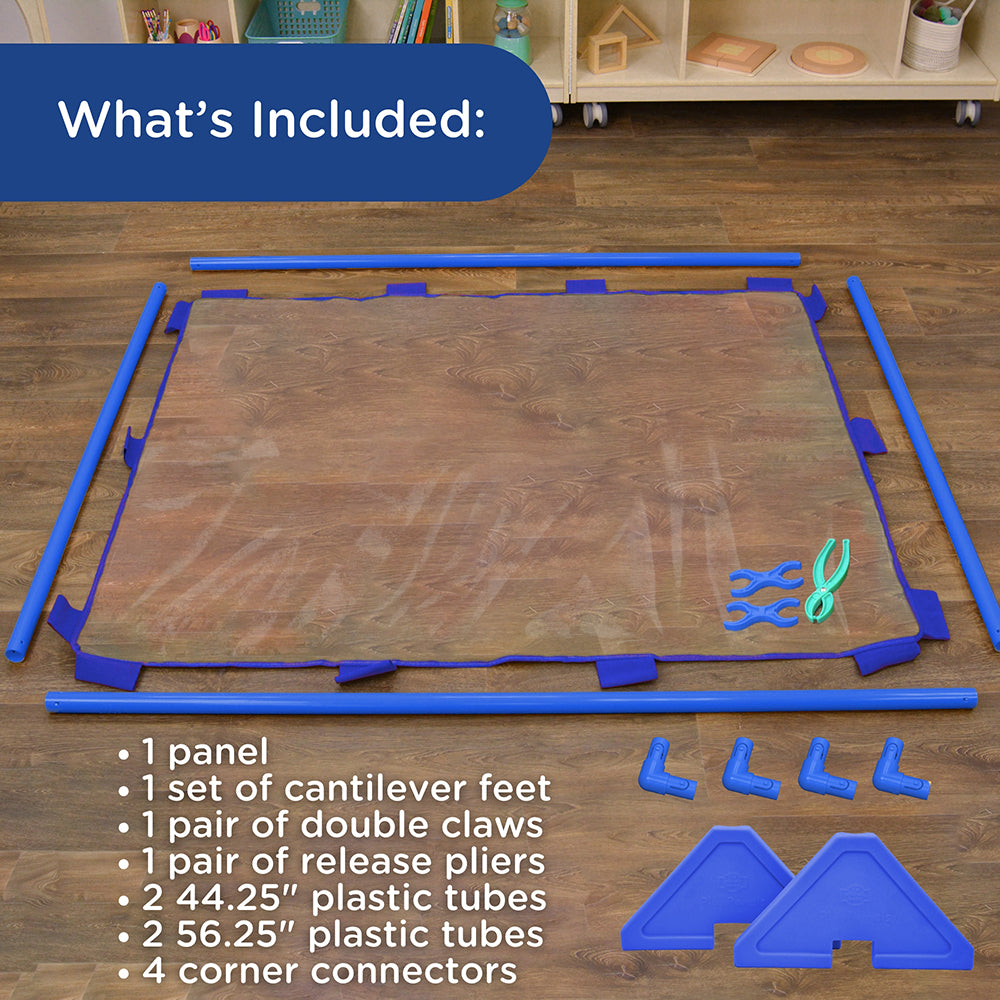 Clear panel with blue connectors and tools on a wooden floor, with text listing included items.