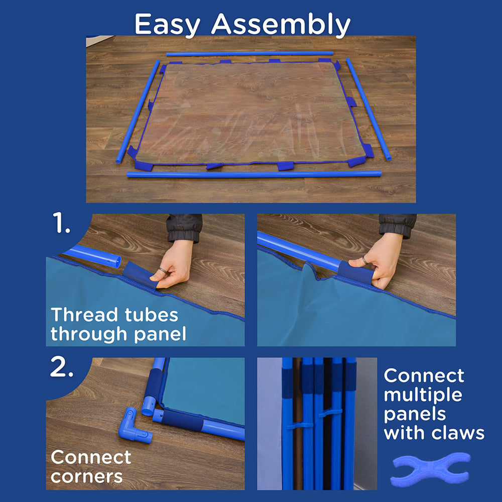 Step-by-step guide to assembling a panel with blue connectors on a wooden surface.