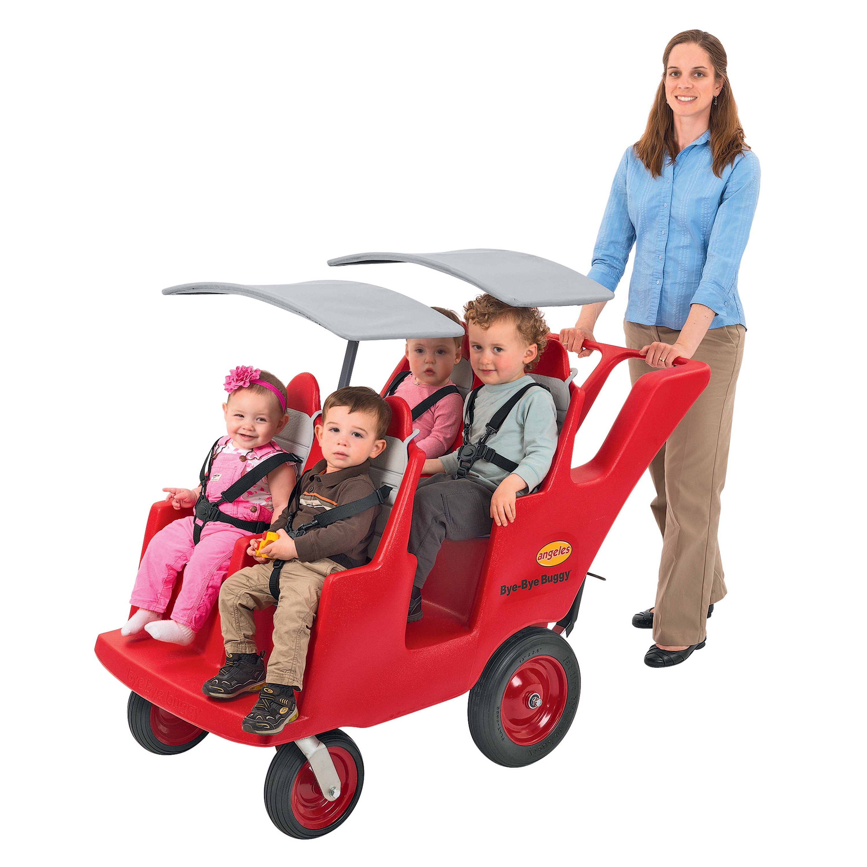 Red family stroller with four children and a woman pushing it on a white background
