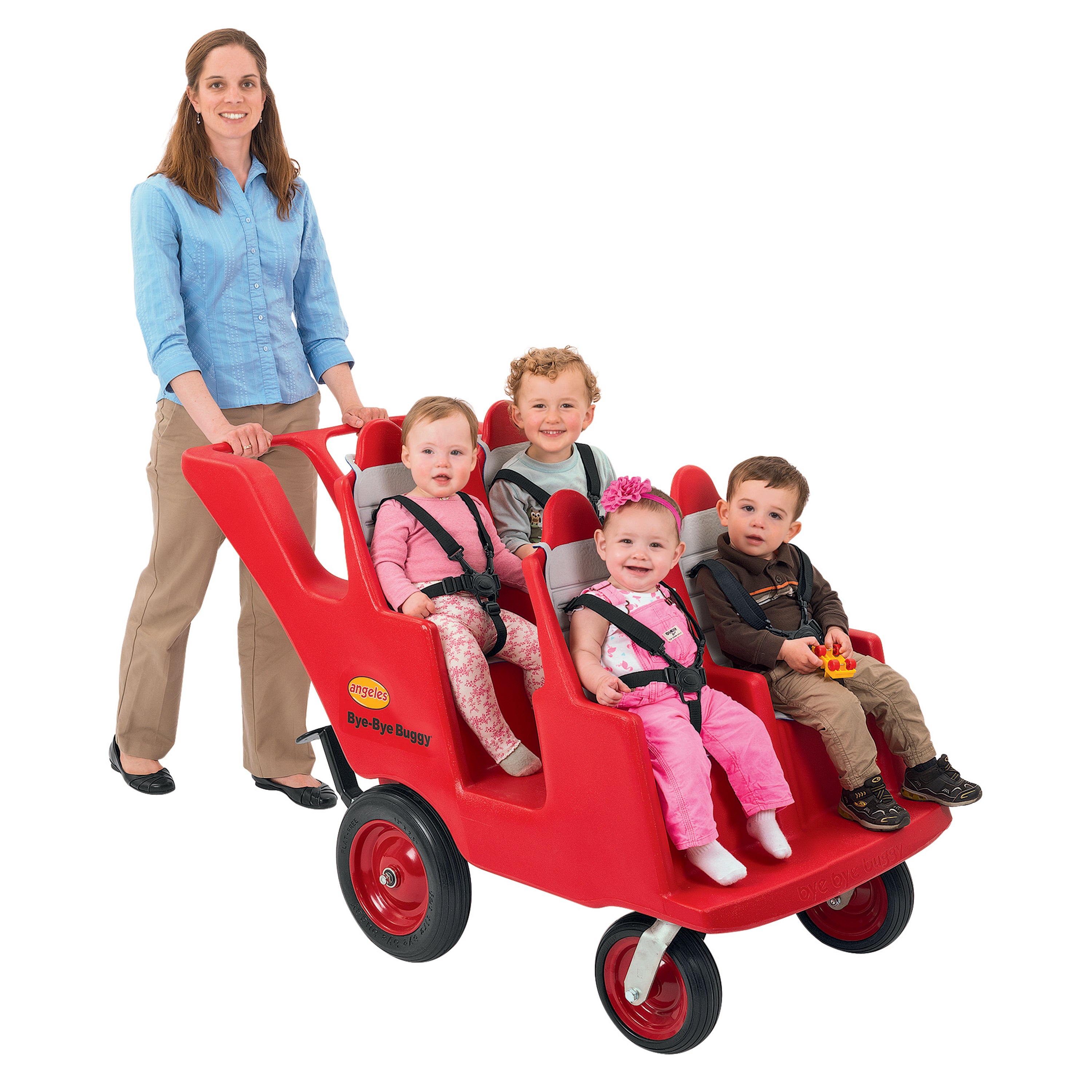 Red stroller with four children and a woman on a white background