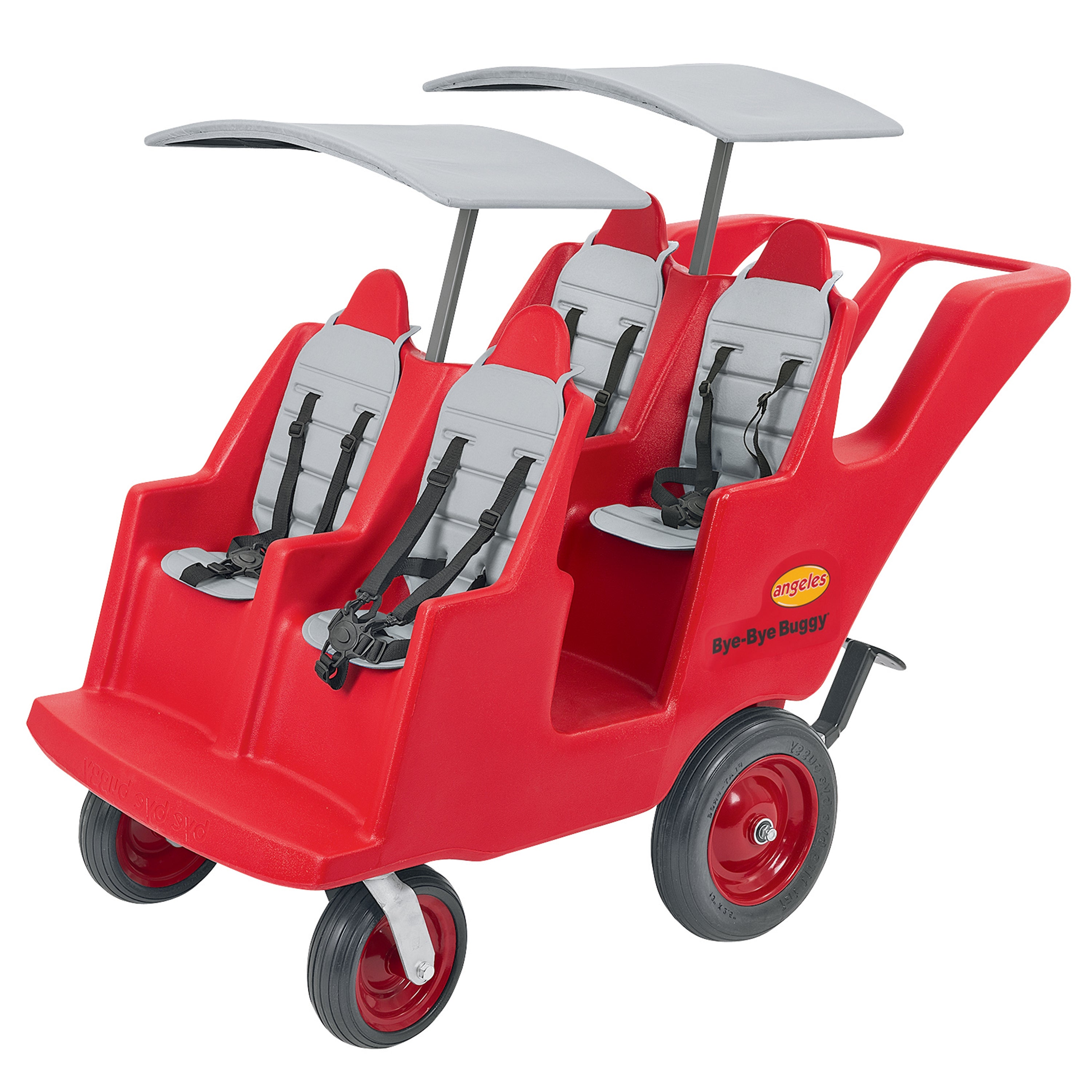 Red four-seater buggy with gray seats on a white background