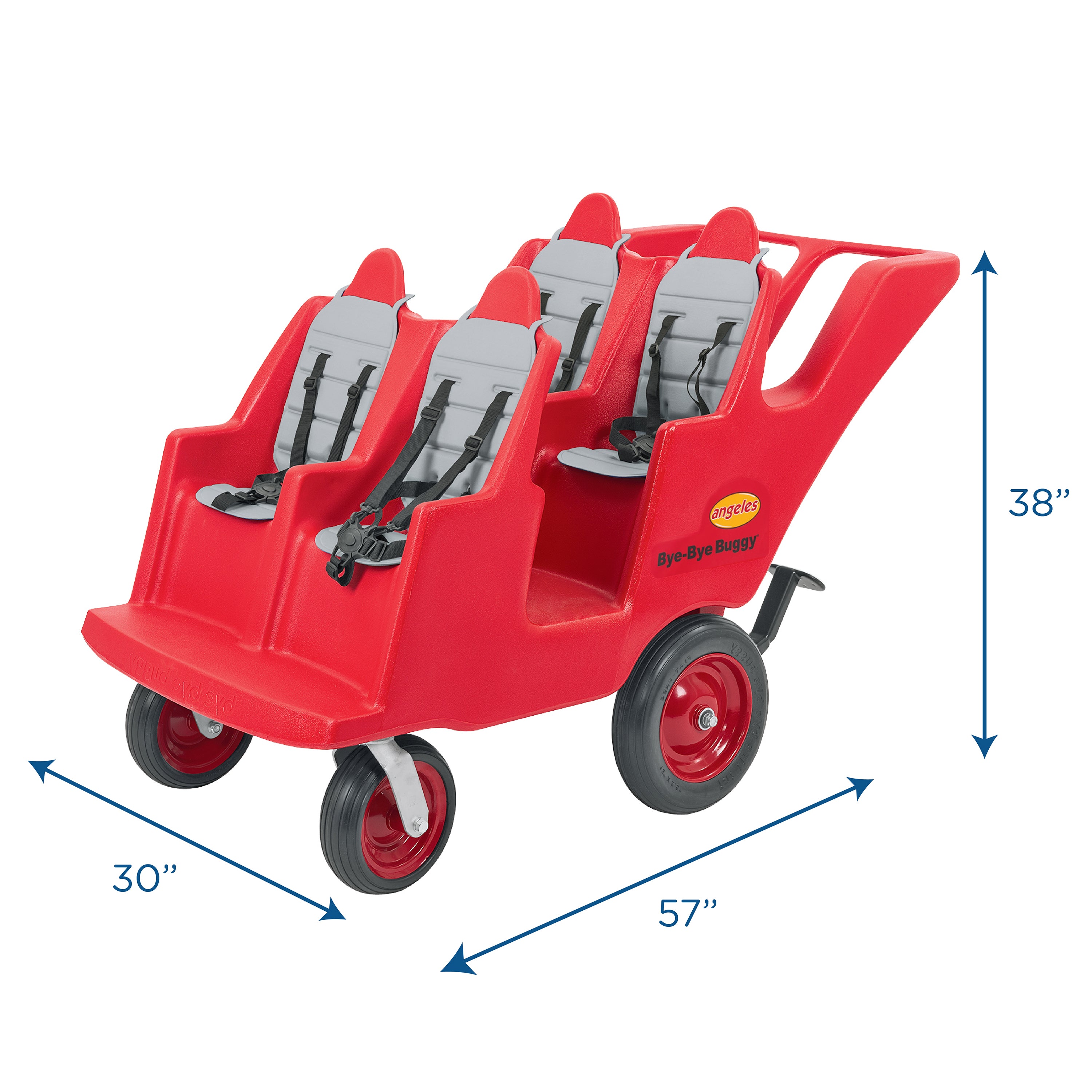 Red stroller with gray seats and dimensions labeled on a white background