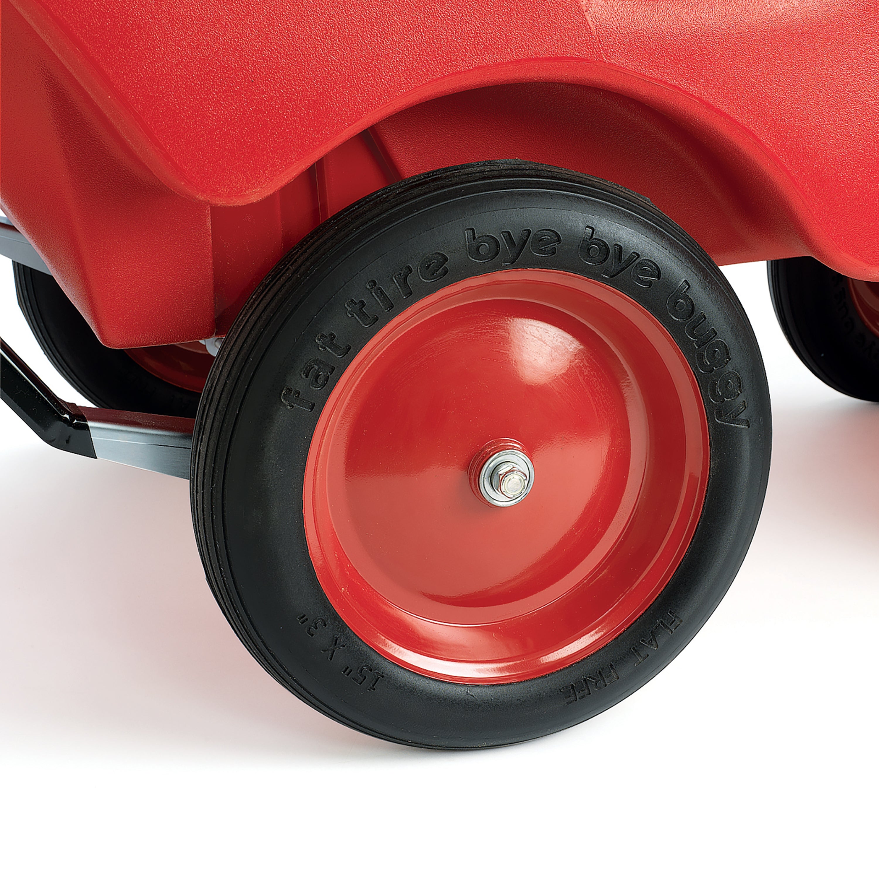 Close-up of a red toy buggy wheel with 'Bye Bye Buggy' text on a white background