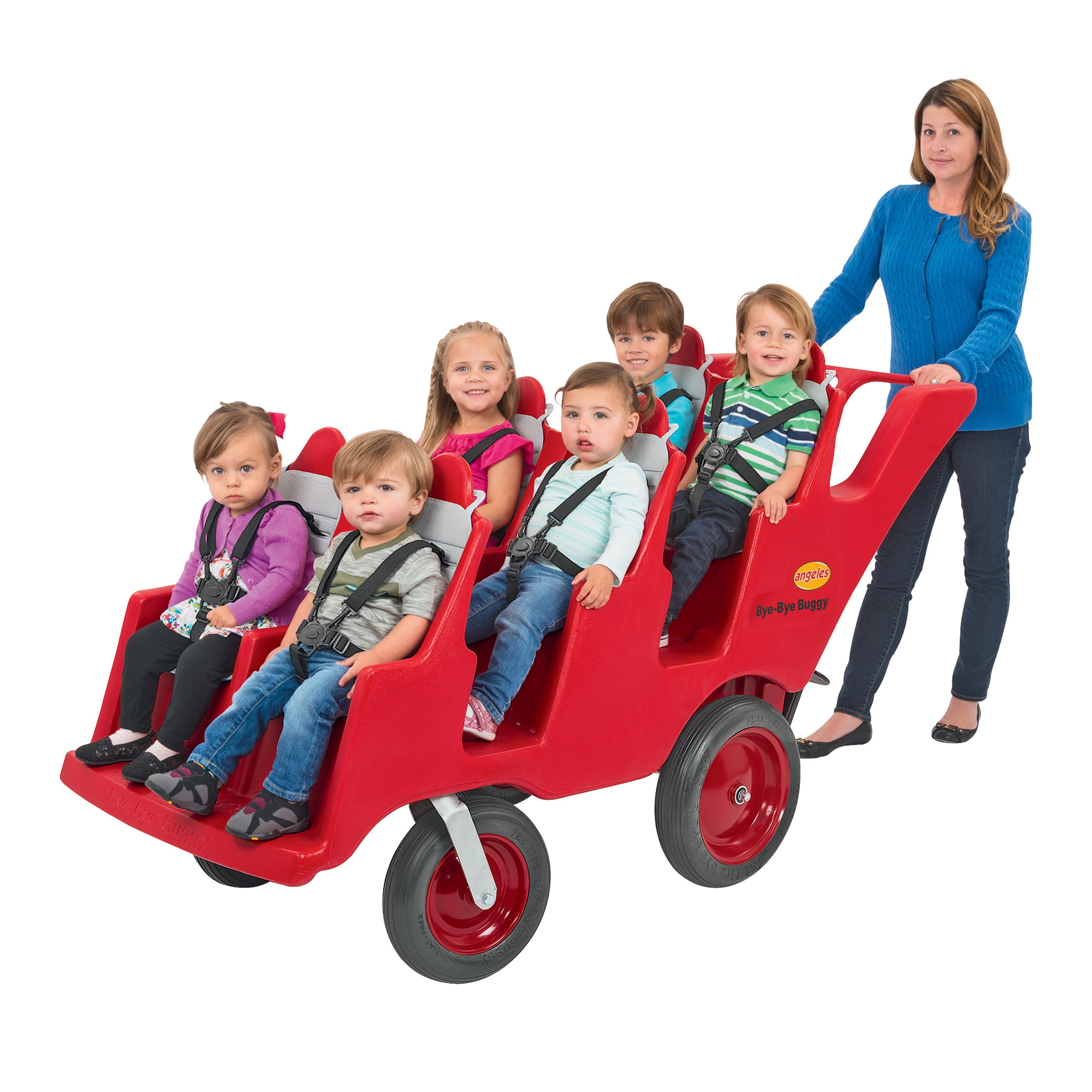 Red wagon with six children sitting inside and a woman standing next to it on a white background