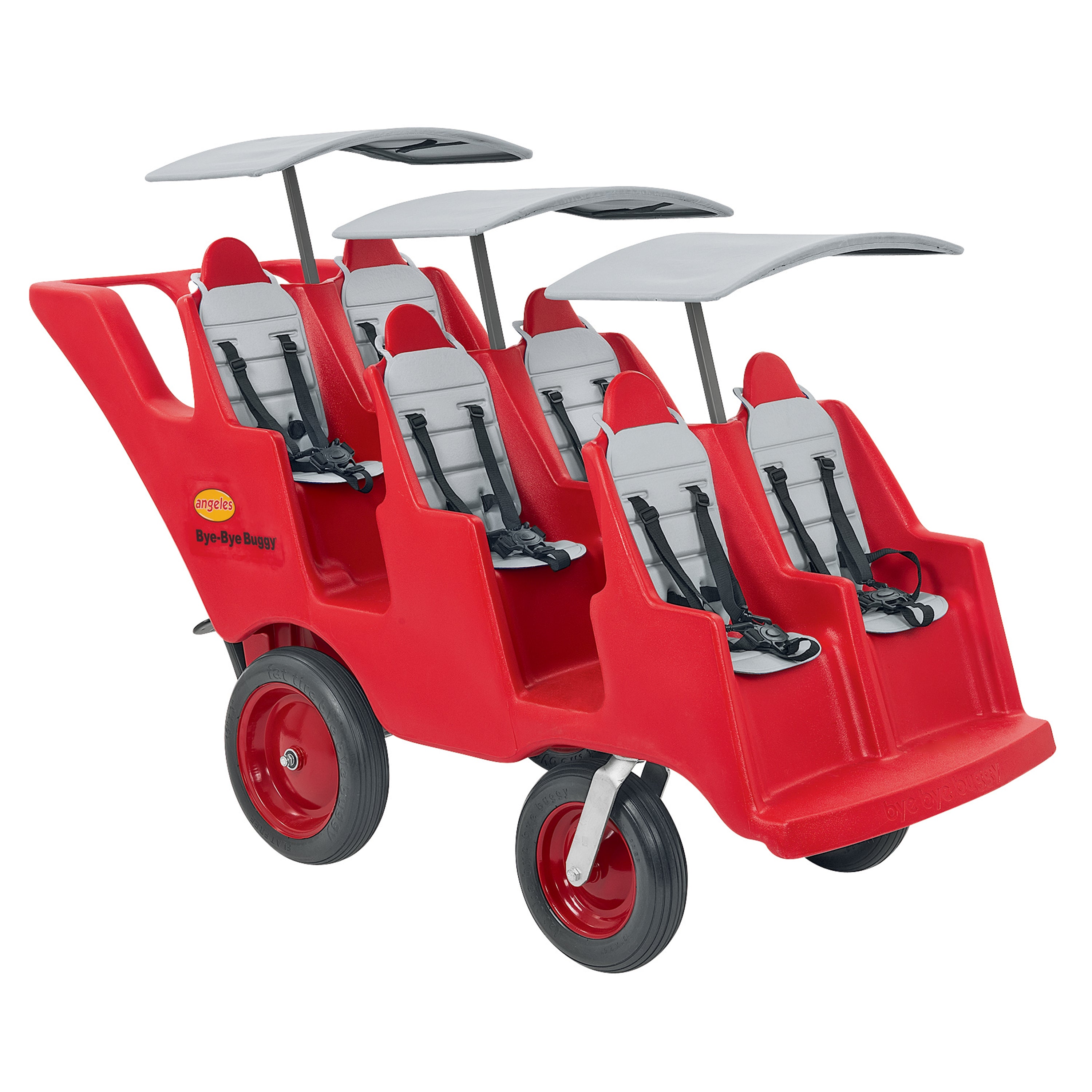 Red six-seater toy cart with gray seats and canopies on a white background